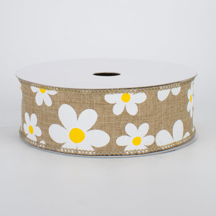 1.5" Daisy Print Ribbon: Light Beige (10 Yards)