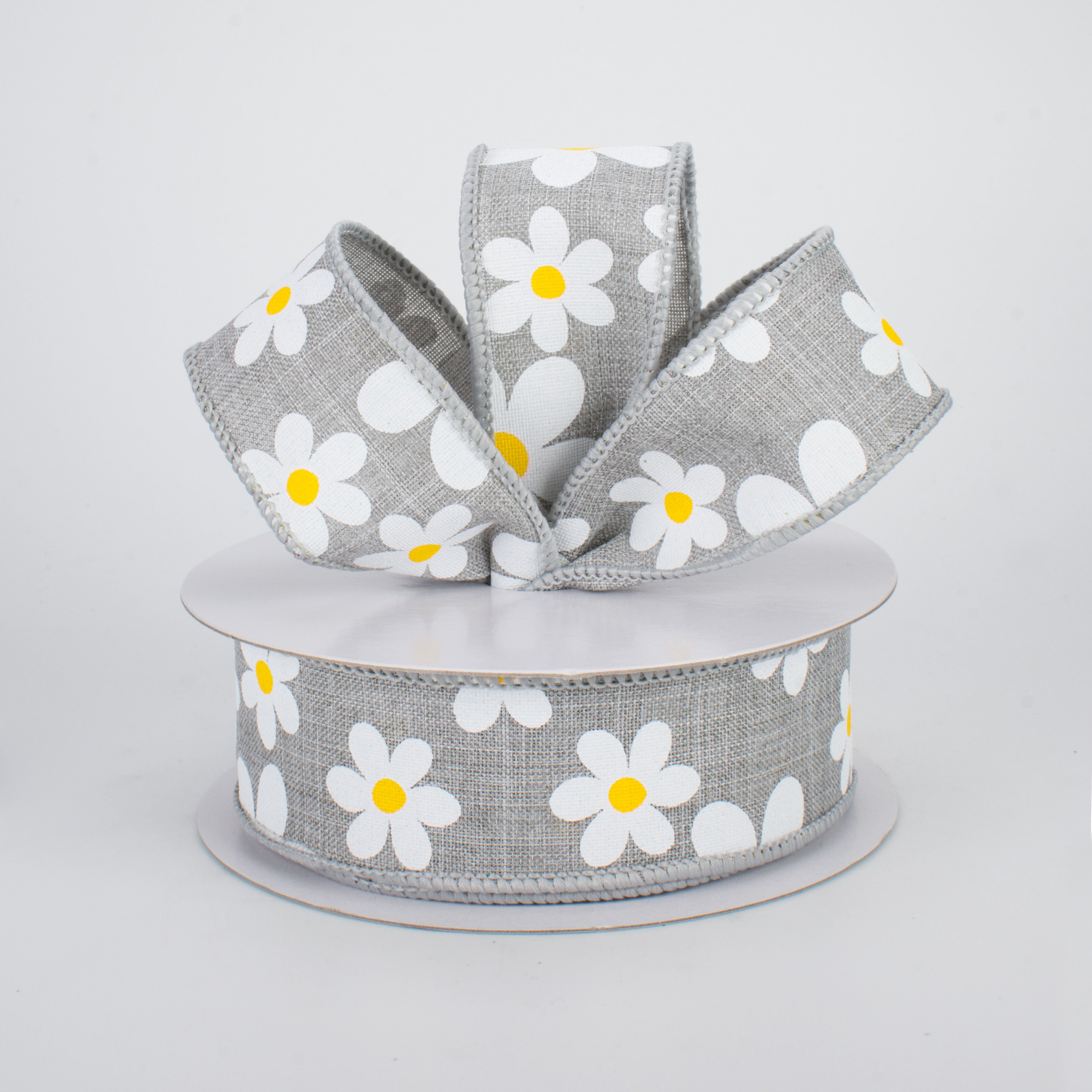 1.5" Daisy Print Ribbon: Light Grey (10 Yards) Lifestyle Photo