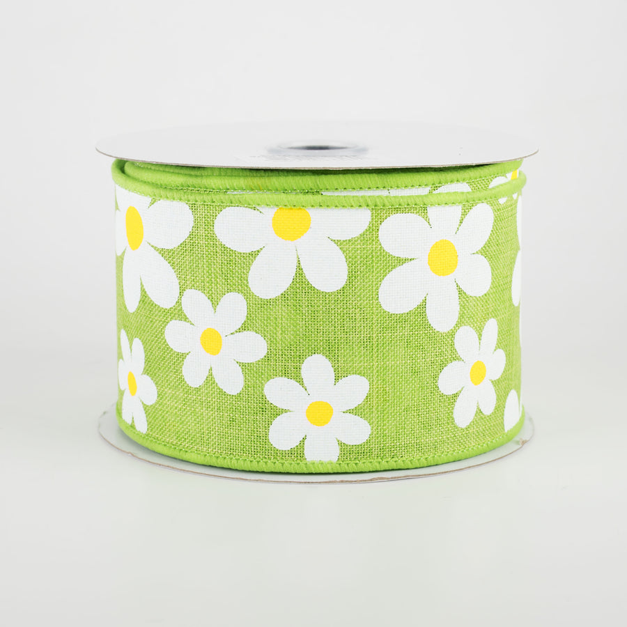2.5" Daisy Print Ribbon: Lime Green (10 Yards)