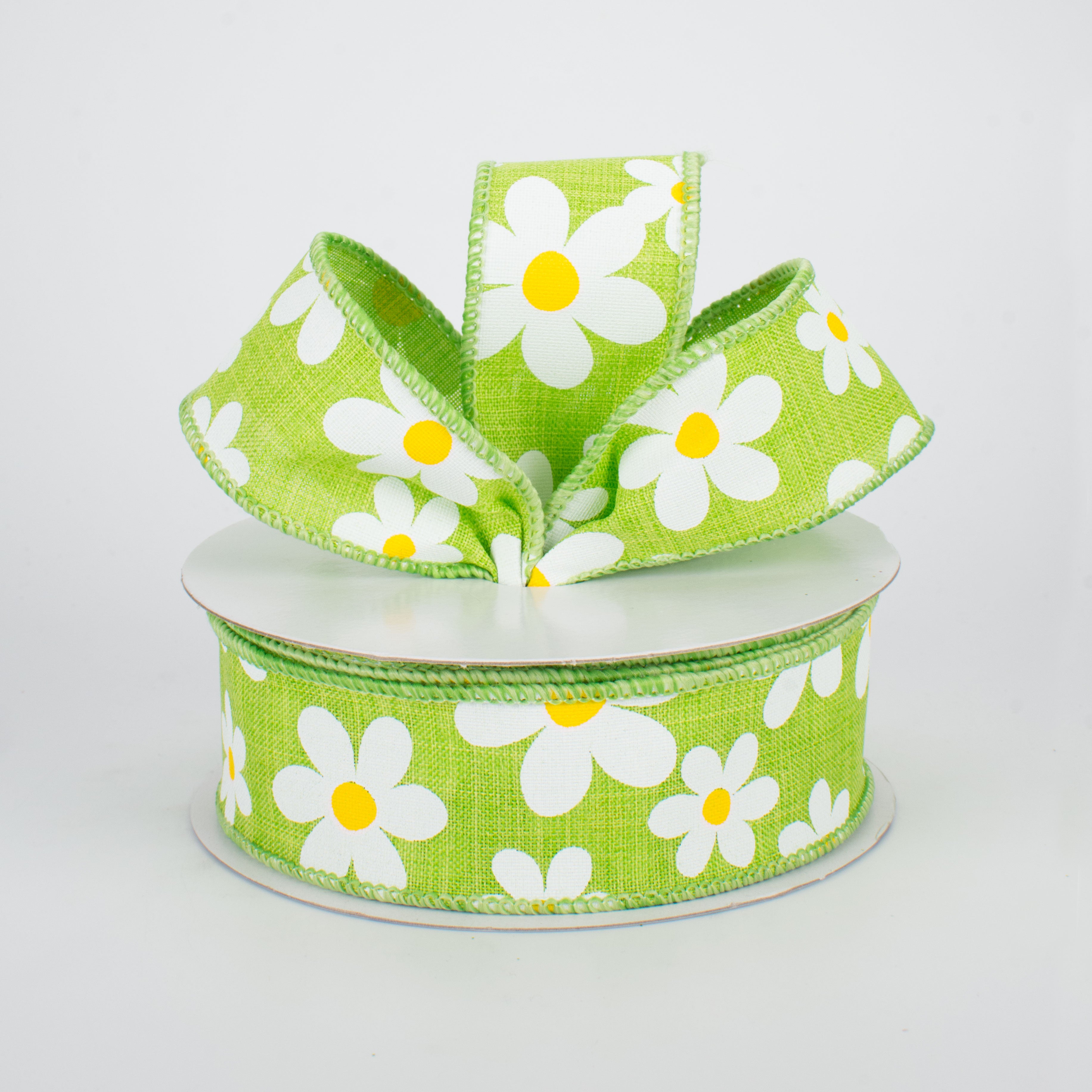 1.5" Daisy Print Ribbon: Lime Green (10 Yards) Lifestyle Photo