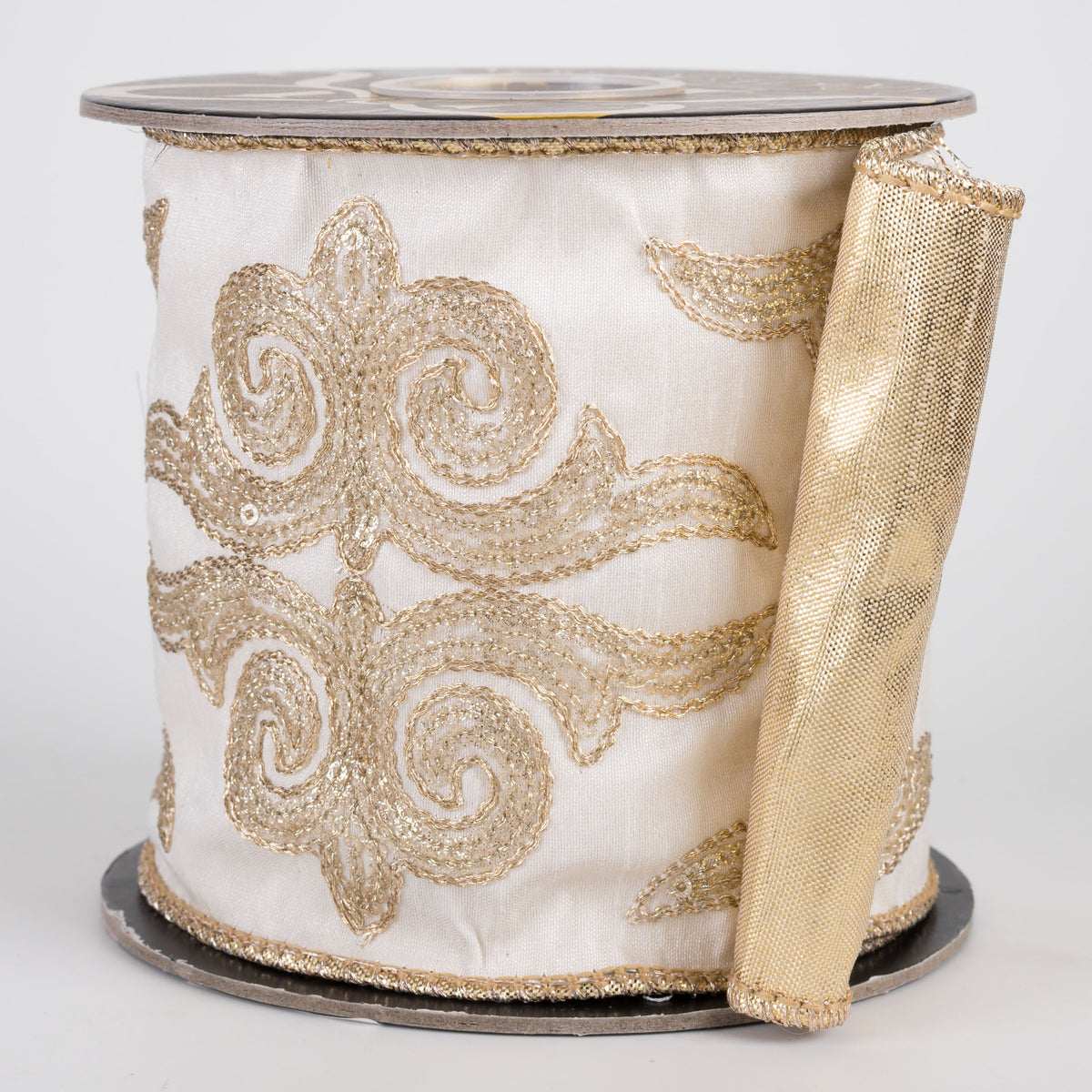 4" Damask Embroidered Dupioni & Metallic Dupioni Fused Ribbon: Ivory & Gold (5 Yards) Item Number: RR0045