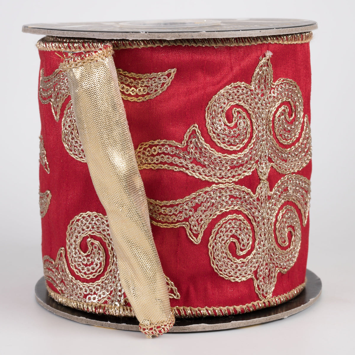 4" Damask Embroidered Dupioni & Metallic Dupioni Fused Ribbon: Red & Gold (5 Yards) Item Number: RR0023