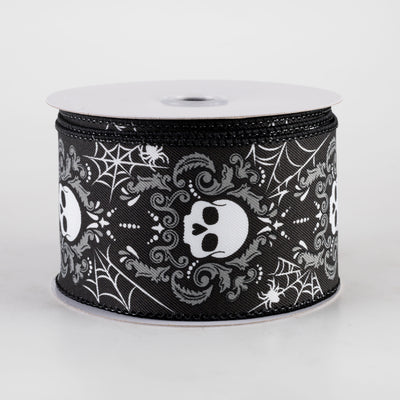 2.5" Damask Skull Ribbon: Black & Grey (10 Yards)