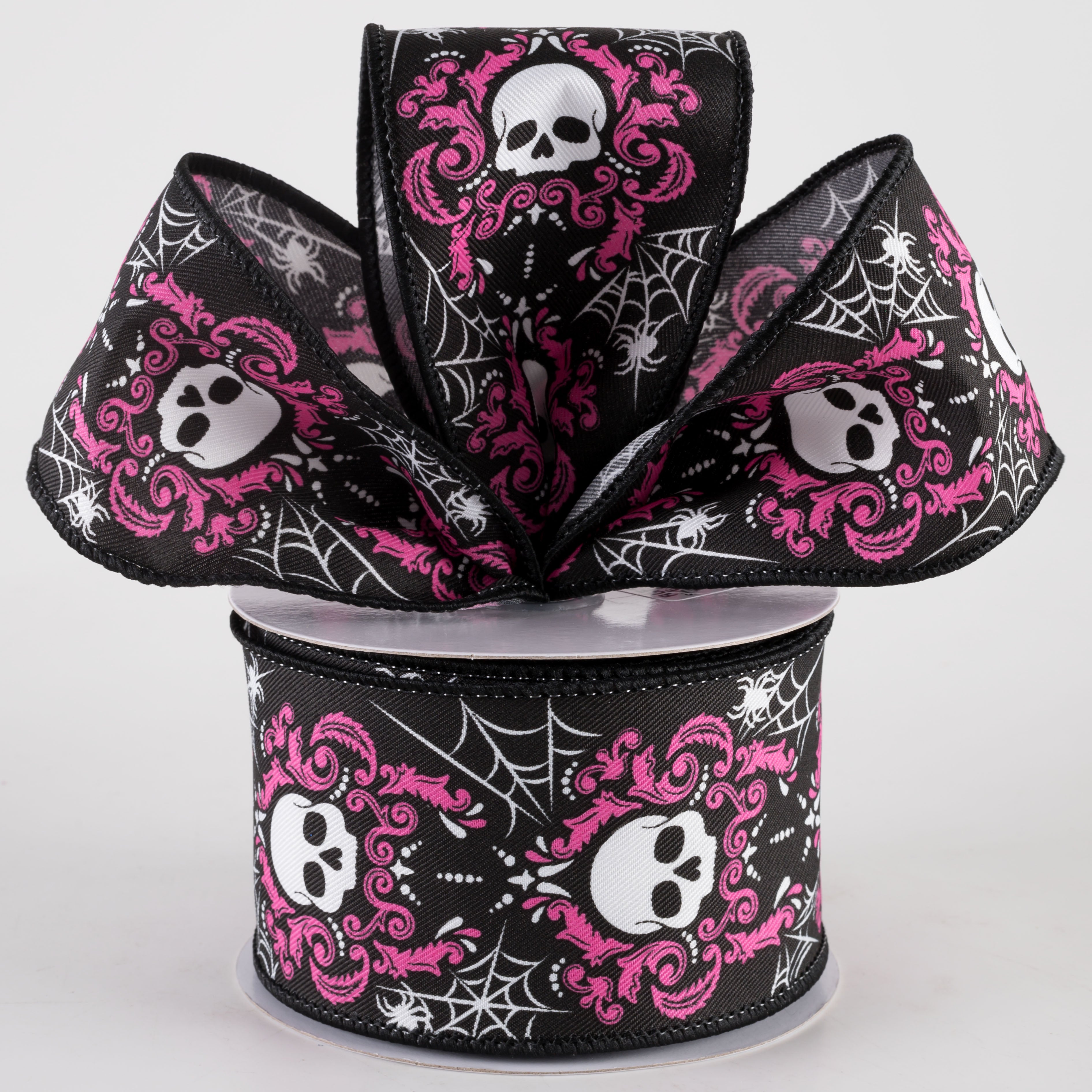 2.5" Damask Skull Ribbon: Black & Hot Pink (10 Yards) Lifestyle Photo