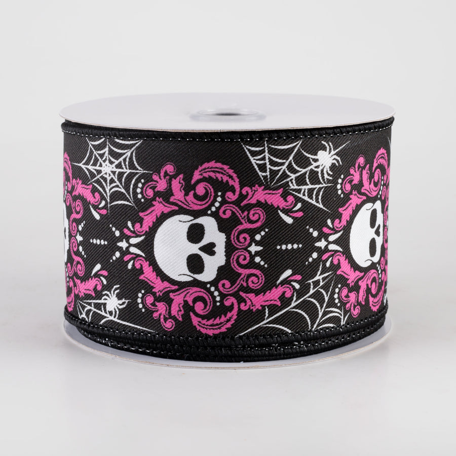 2.5" Damask Skull Ribbon: Black & Hot Pink (10 Yards)