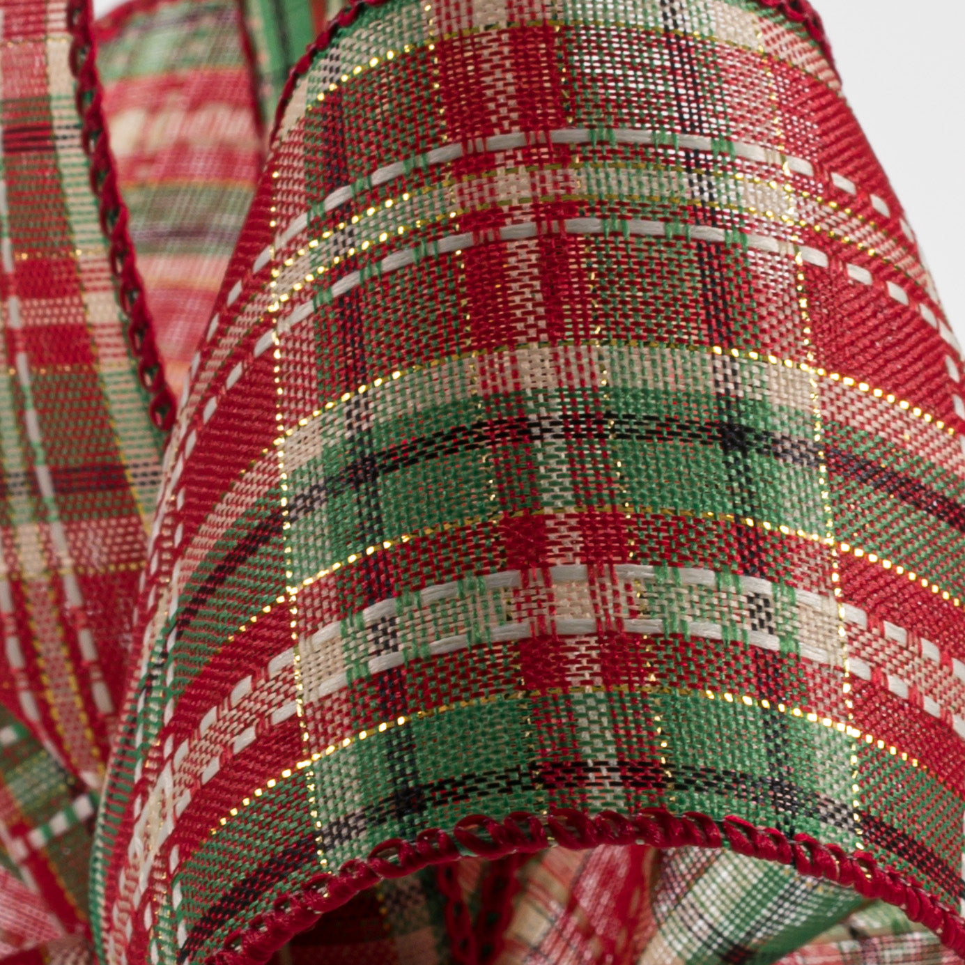 2.5" Dash Stitch Plaid Ribbon: Red, Green, White, Natural (10 Yards) detail photo 3