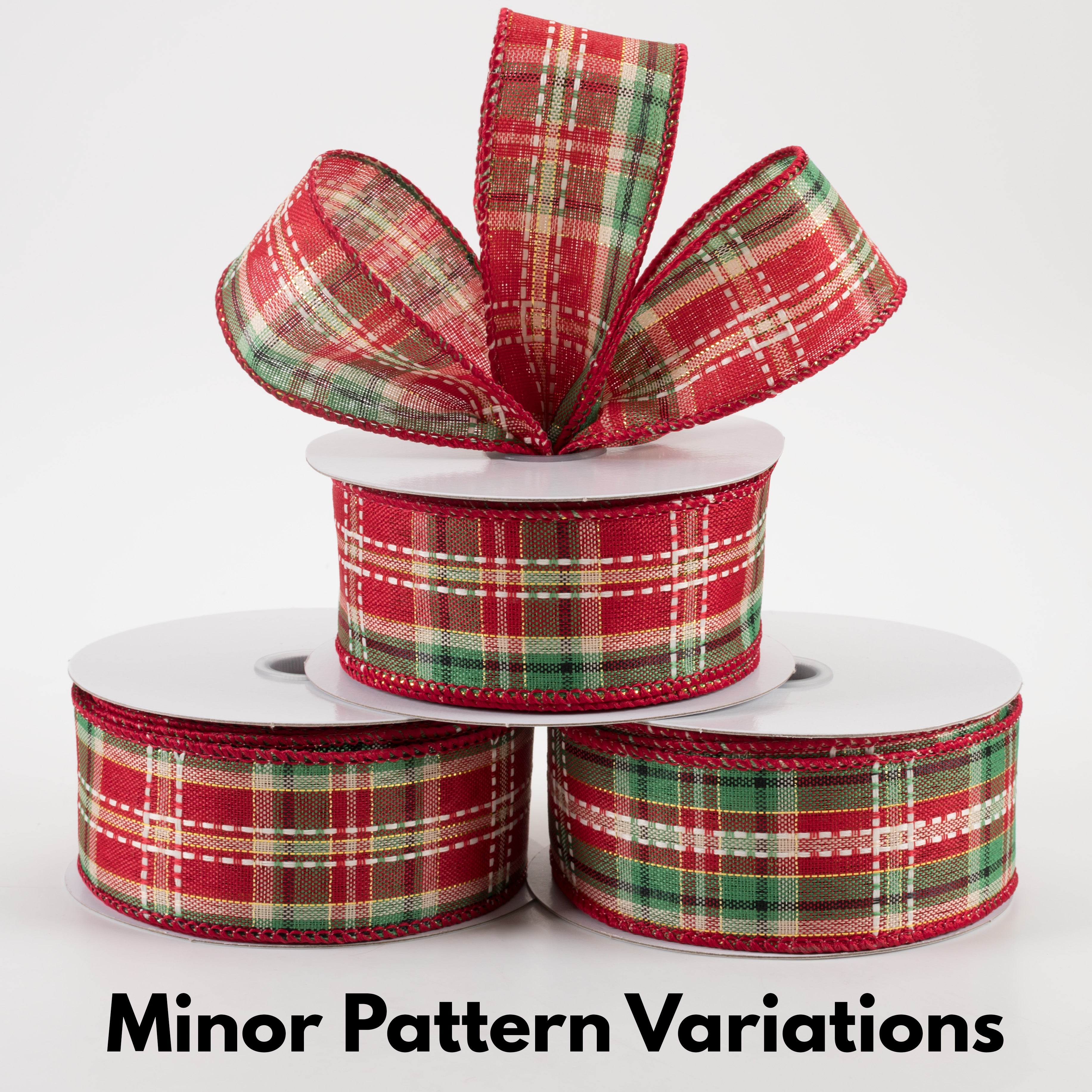 1.5" Dash Stitch Plaid Ribbon: Red, Green, White, Natural (10 Yards) Lifestyle Photo