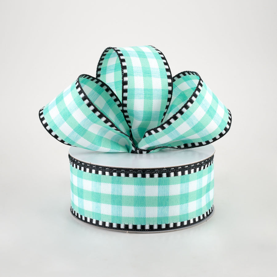 1.5" Dashed Edge Check Plaid Ribbon: Aqua & White (10 Yards) Lifestyle Photo