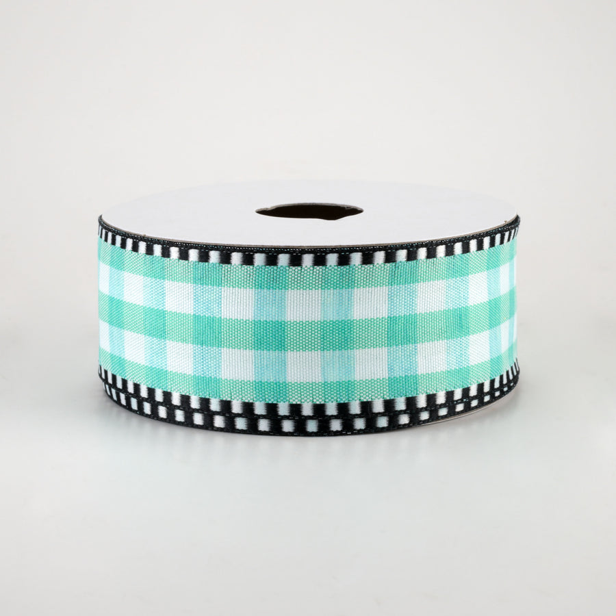 1.5" Dashed Edge Check Plaid Ribbon: Aqua & White (10 Yards) Item Number: 47102-09-45