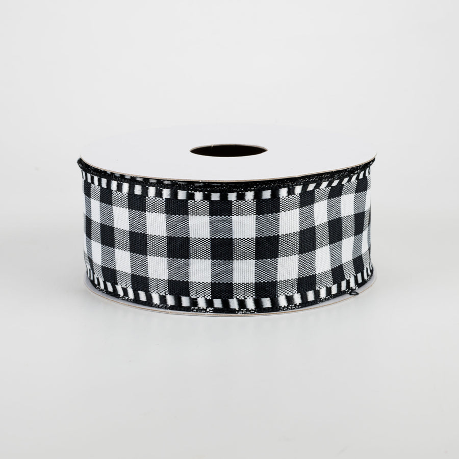 1.5" Dashed Edge Check Plaid Ribbon: Black & White (10 Yards)
