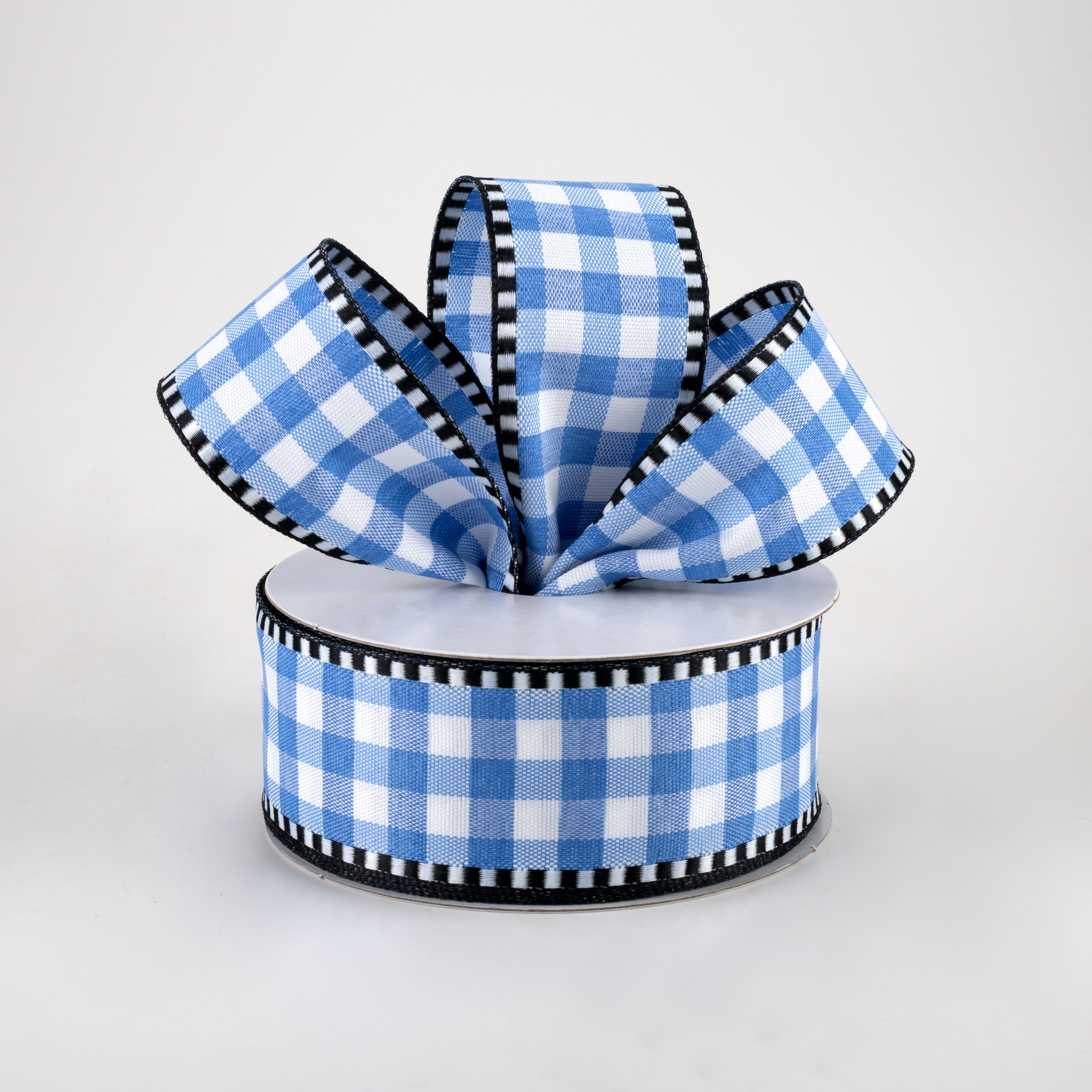 1.5" Dashed Edge Check Plaid Ribbon: Blue & White (10 Yards) Lifestyle Photo