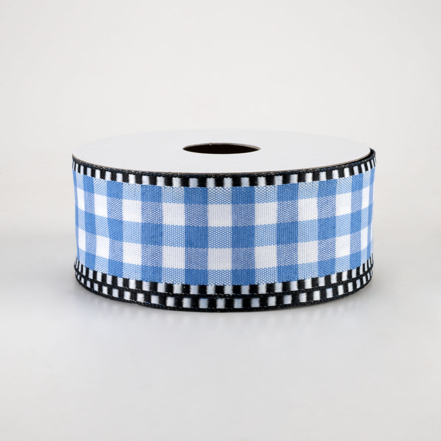 1.5" Dashed Edge Check Plaid Ribbon: Blue & White (10 Yards)