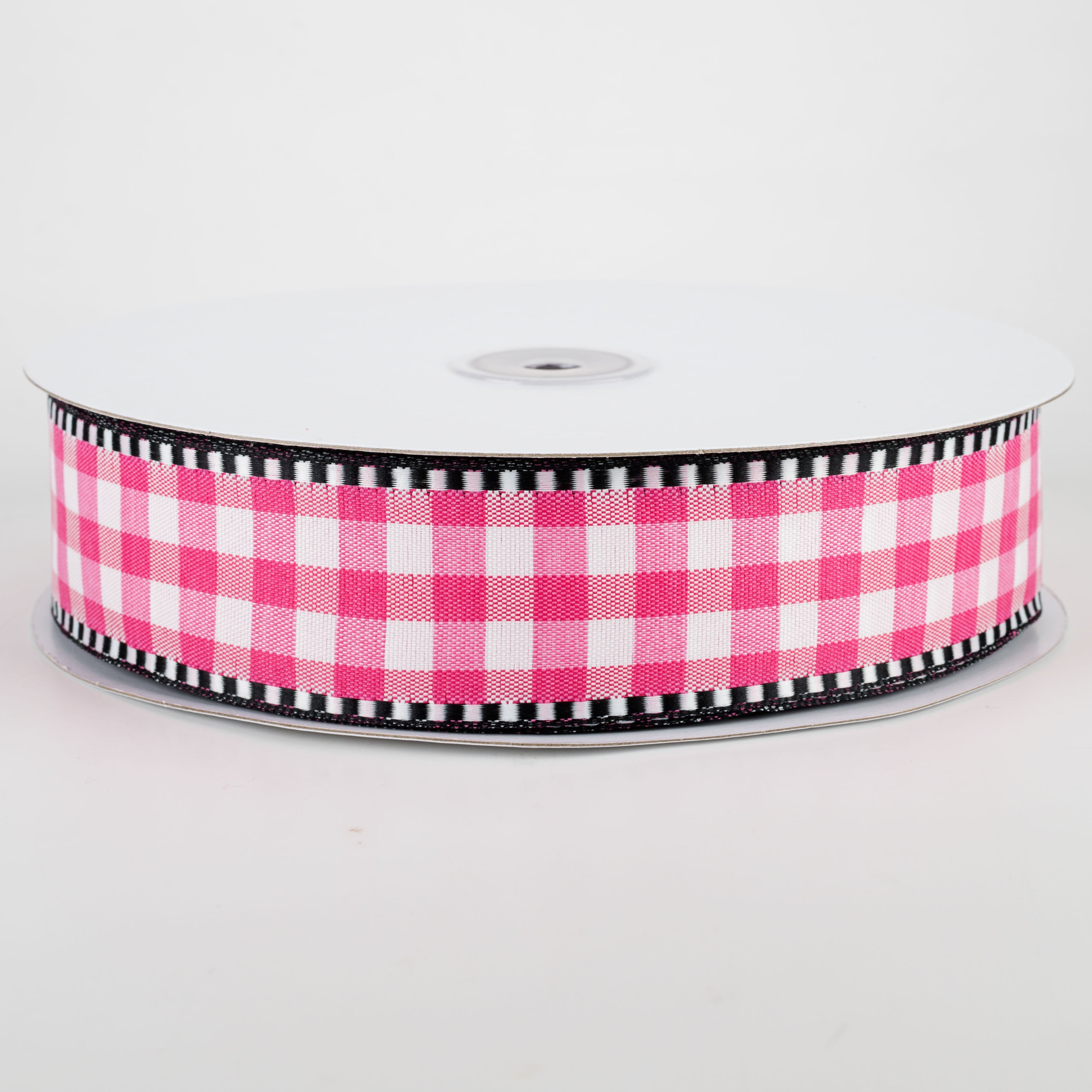 1.5" Dashed Edge Check Plaid Ribbon: Fuchsia & White (50 Yards) Item Number: 847-09-159