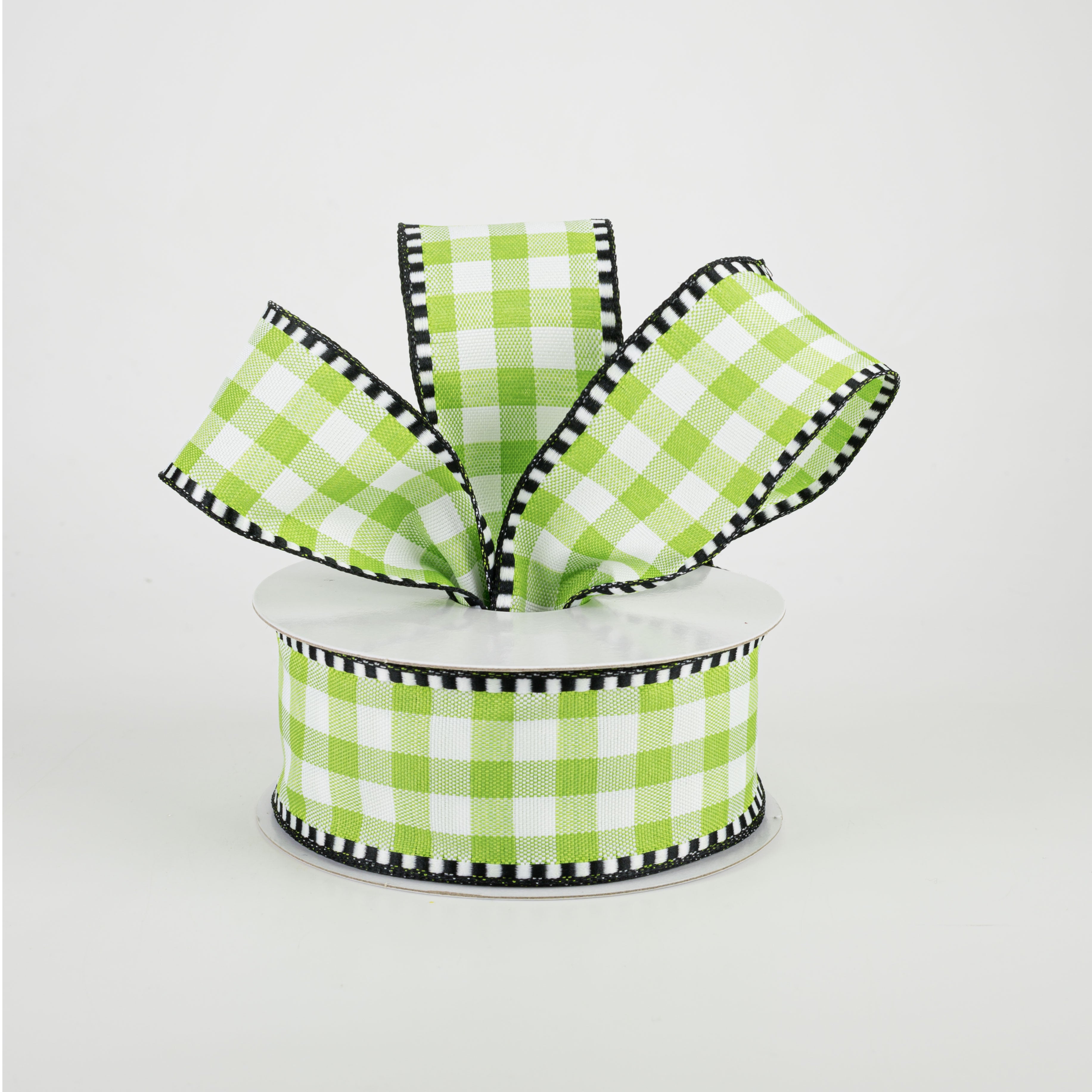 1.5" Dashed Edge Check Plaid Ribbon: Green & White (10 Yards) Lifestyle Photo