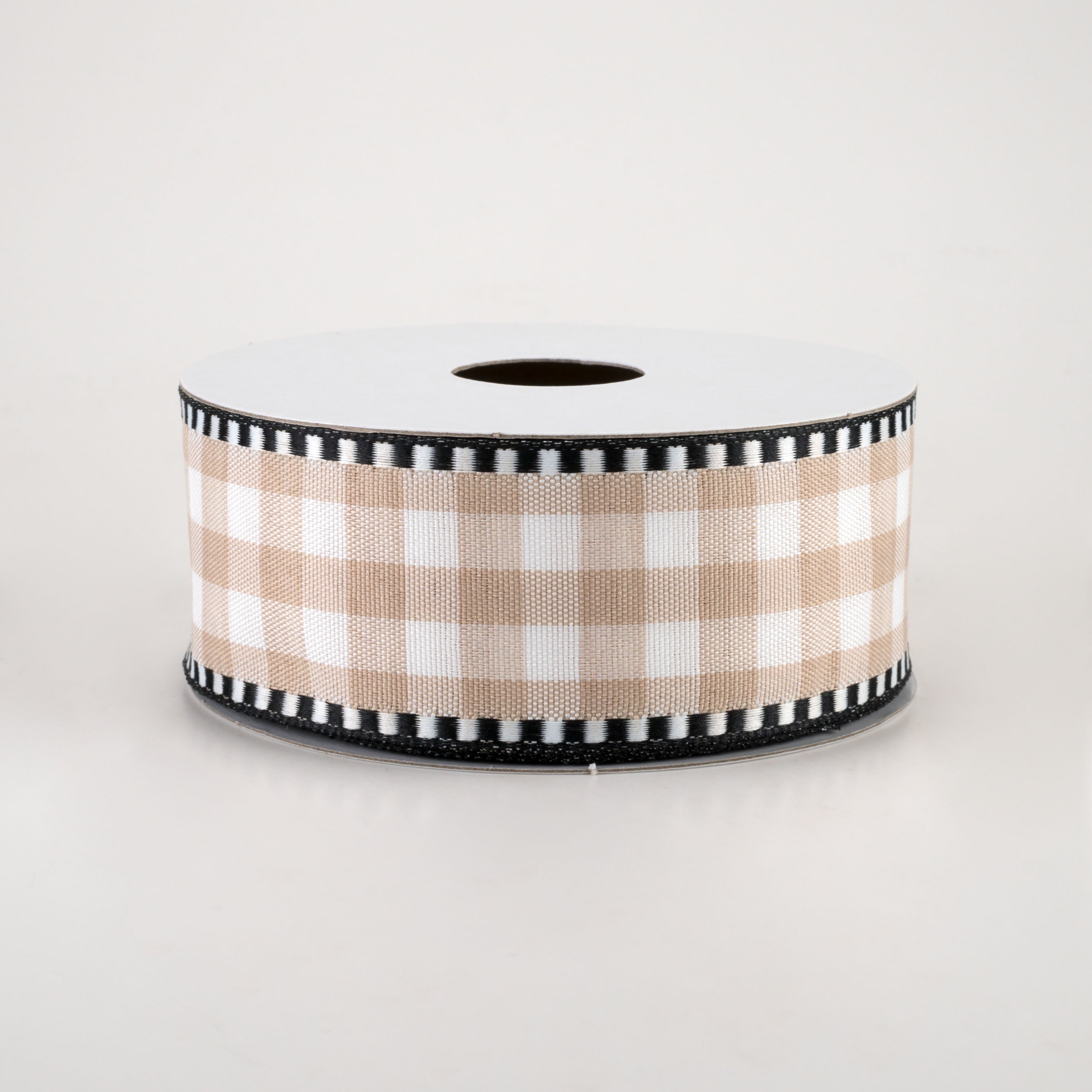 1.5" Dashed Edge Check Plaid Ribbon: Natural & White (10 Yards) Item Number: 47102-09-15