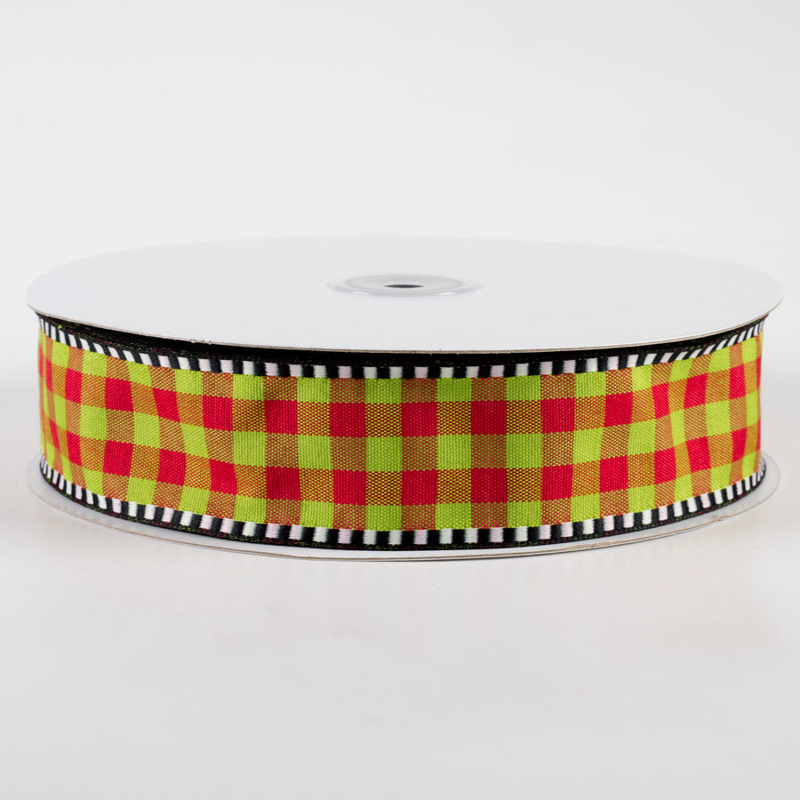 1.5" Dashed Edge Check Plaid Ribbon: Red & Lime (50 Yards)
