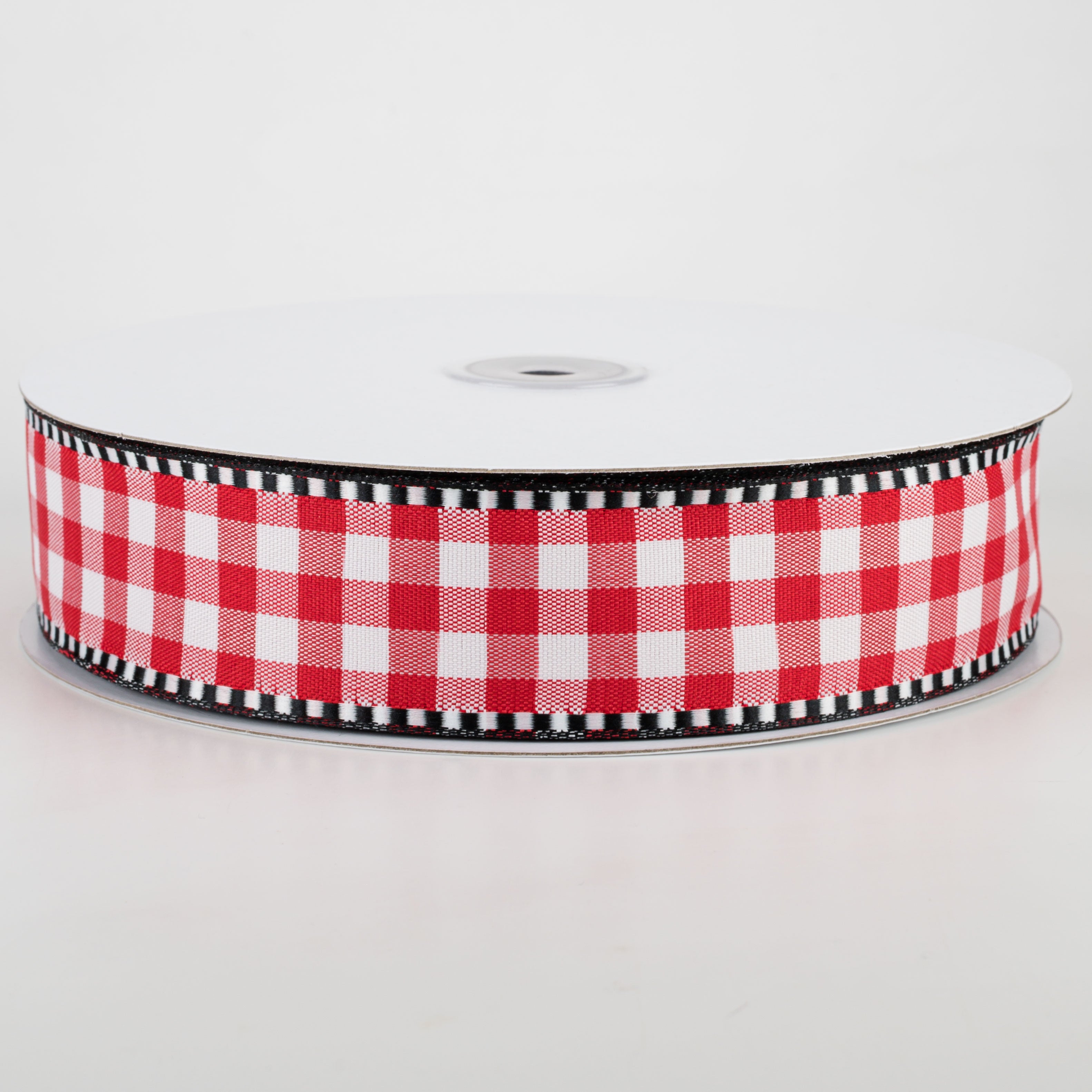 1.5" Dashed Edge Check Plaid Ribbon: Red & White (50 Yards)