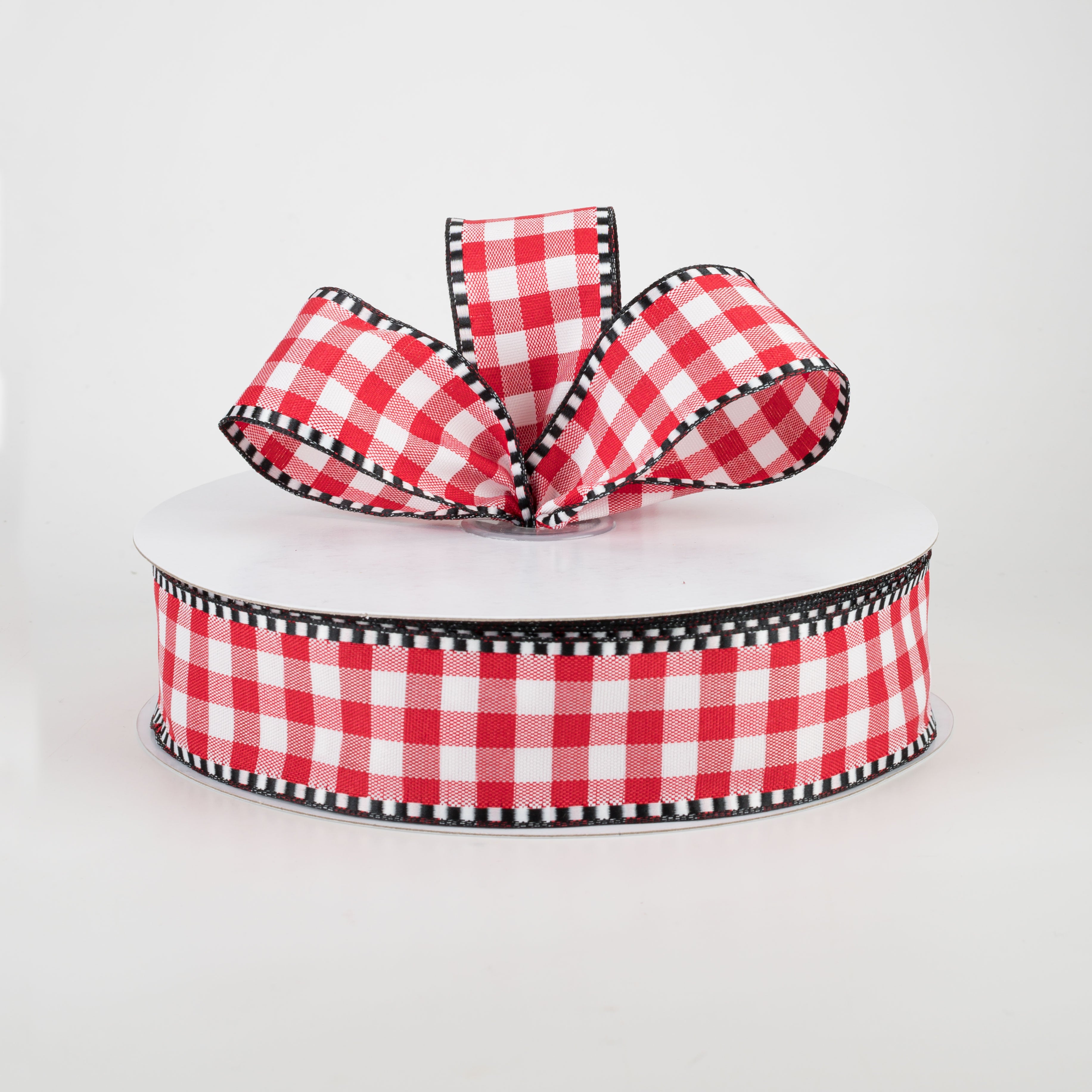 1.5" Dashed Edge Check Plaid Ribbon: Red & White (50 Yards) Lifestyle Photo