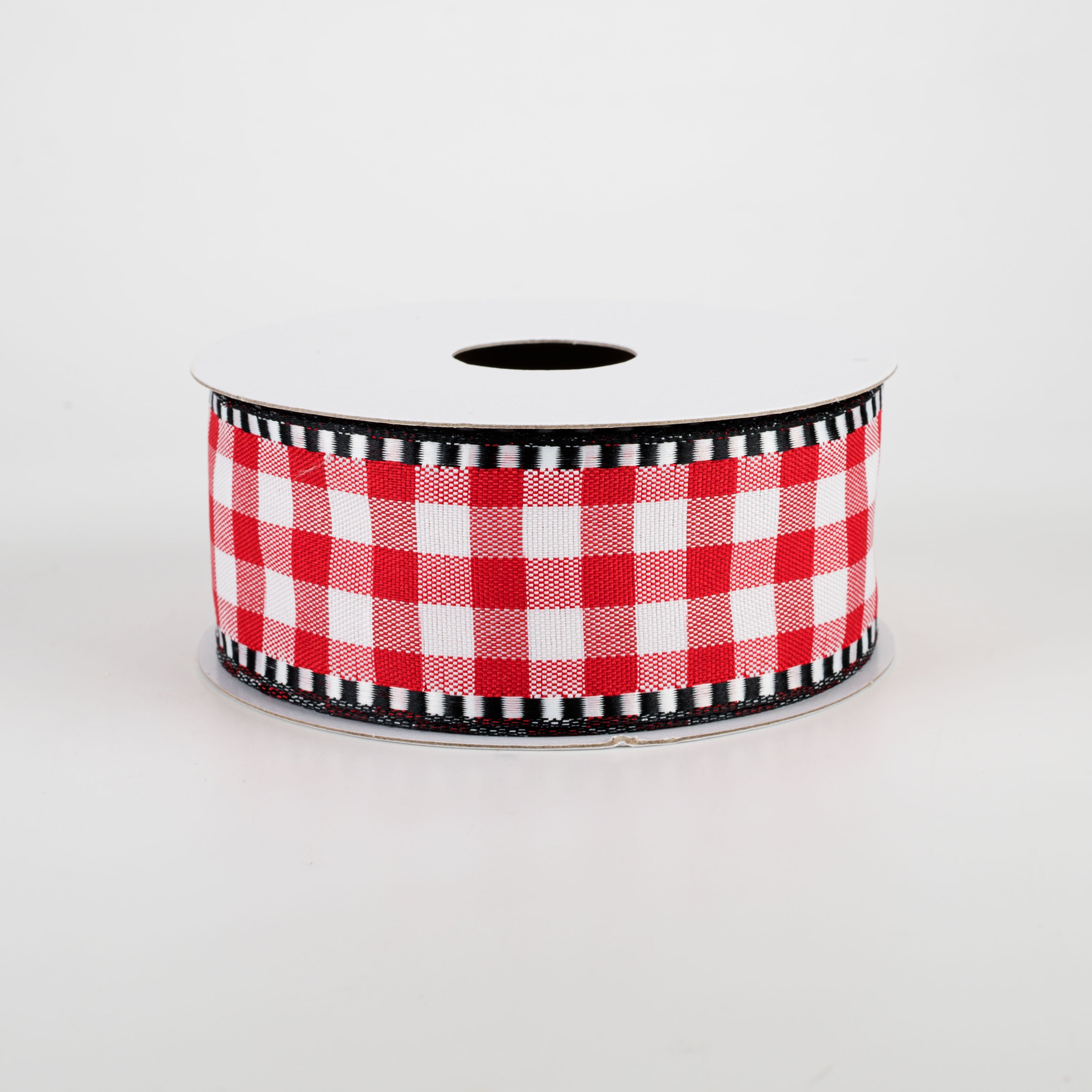 1.5" Dashed Edge Check Plaid Ribbon: Red & White (10 Yards)