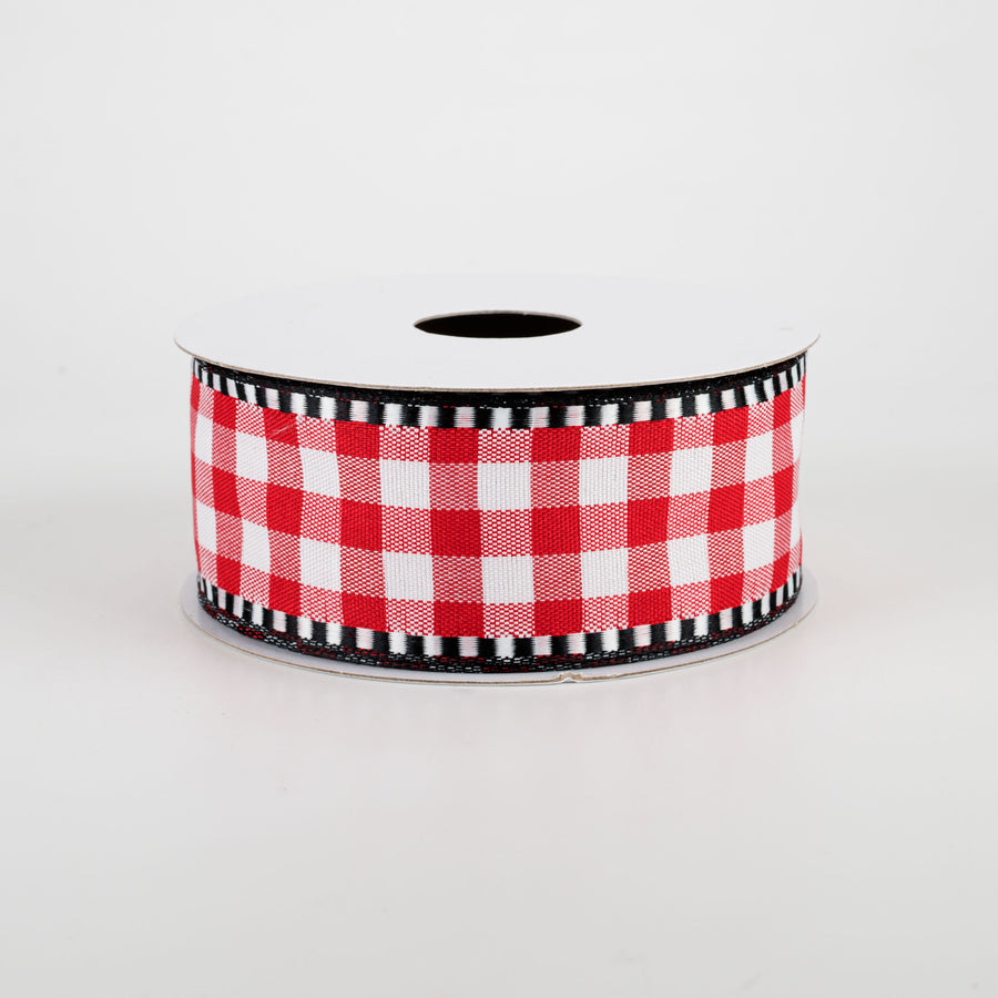 1.5" Dashed Edge Check Plaid Ribbon: Red & White (10 Yards)