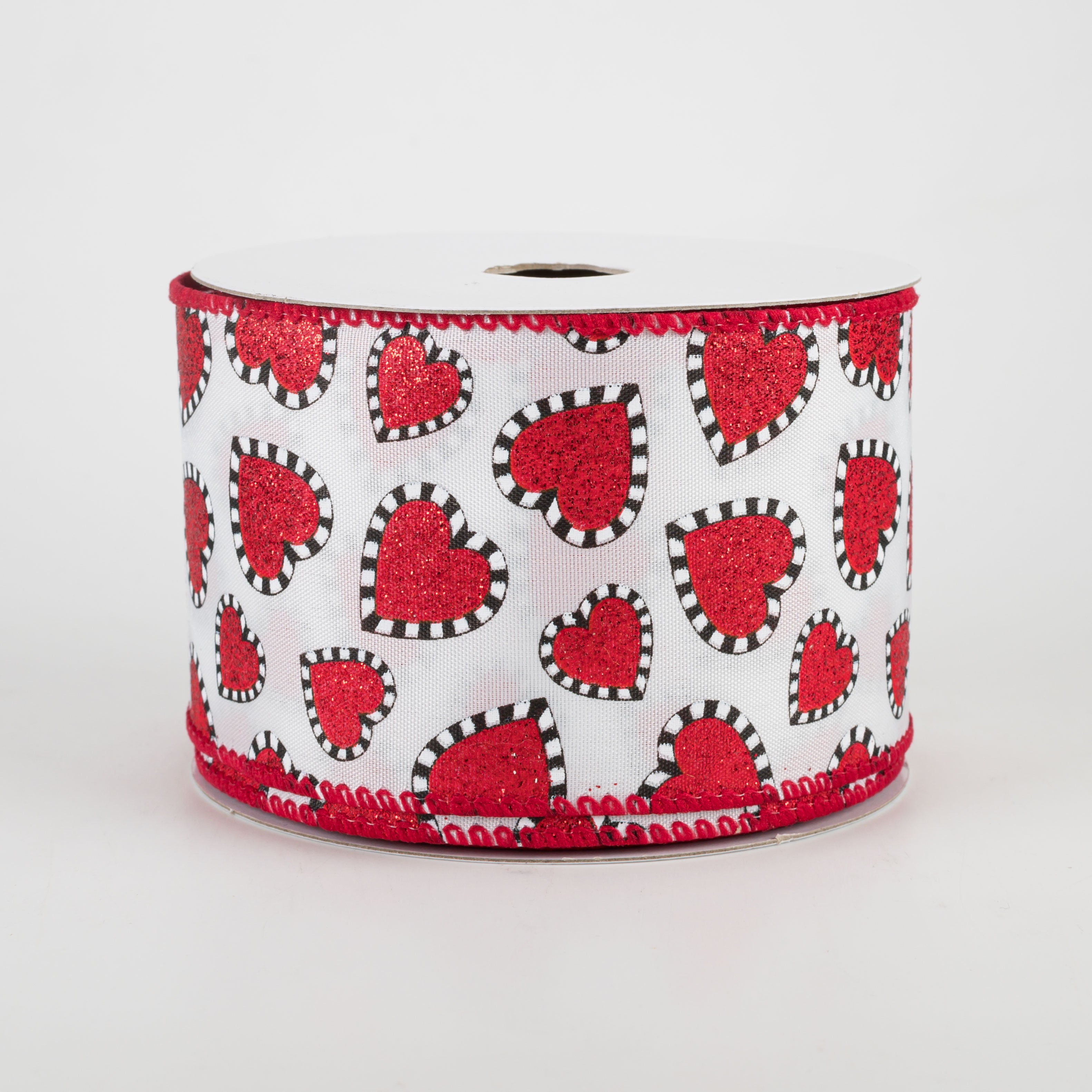 2.5" Dashed Edge Glitter Heart Ribbon: White (10 Yards)