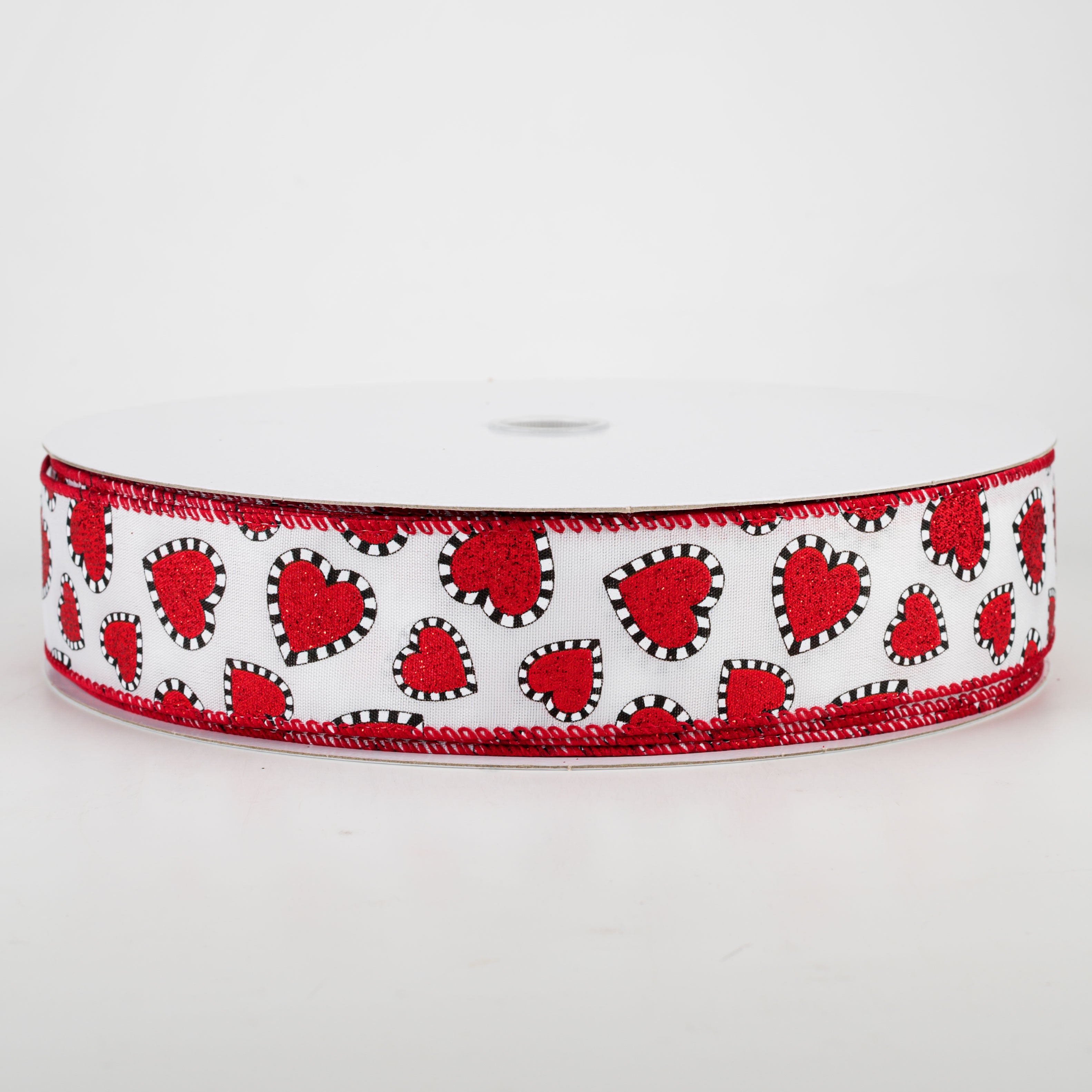 1.5" Dashed Edge Glitter Heart Ribbon: White (50 Yards) Item Number: 811-09-102