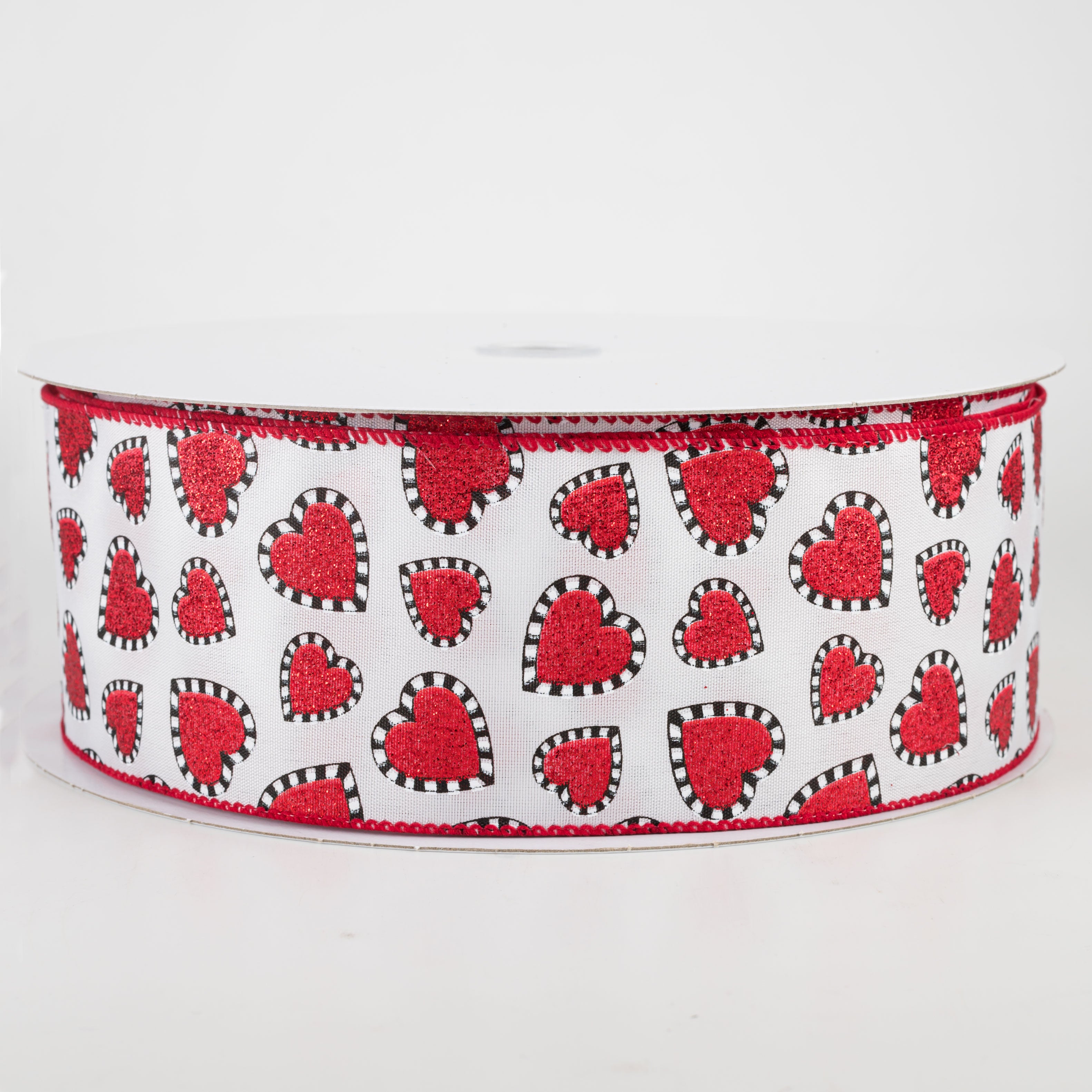 2.5" Dashed Edge Glitter Heart Ribbon: White (50 Yards) Item Number: 811-40-102