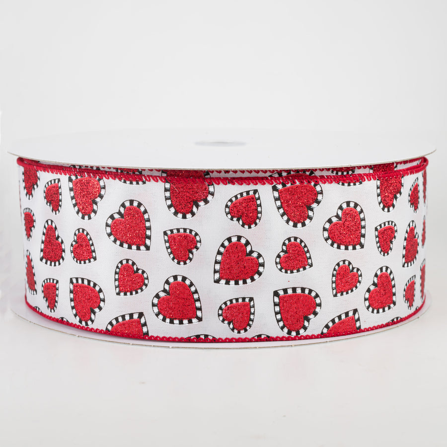 2.5" Dashed Edge Glitter Heart Ribbon: White (50 Yards) Item Number: 811-40-102