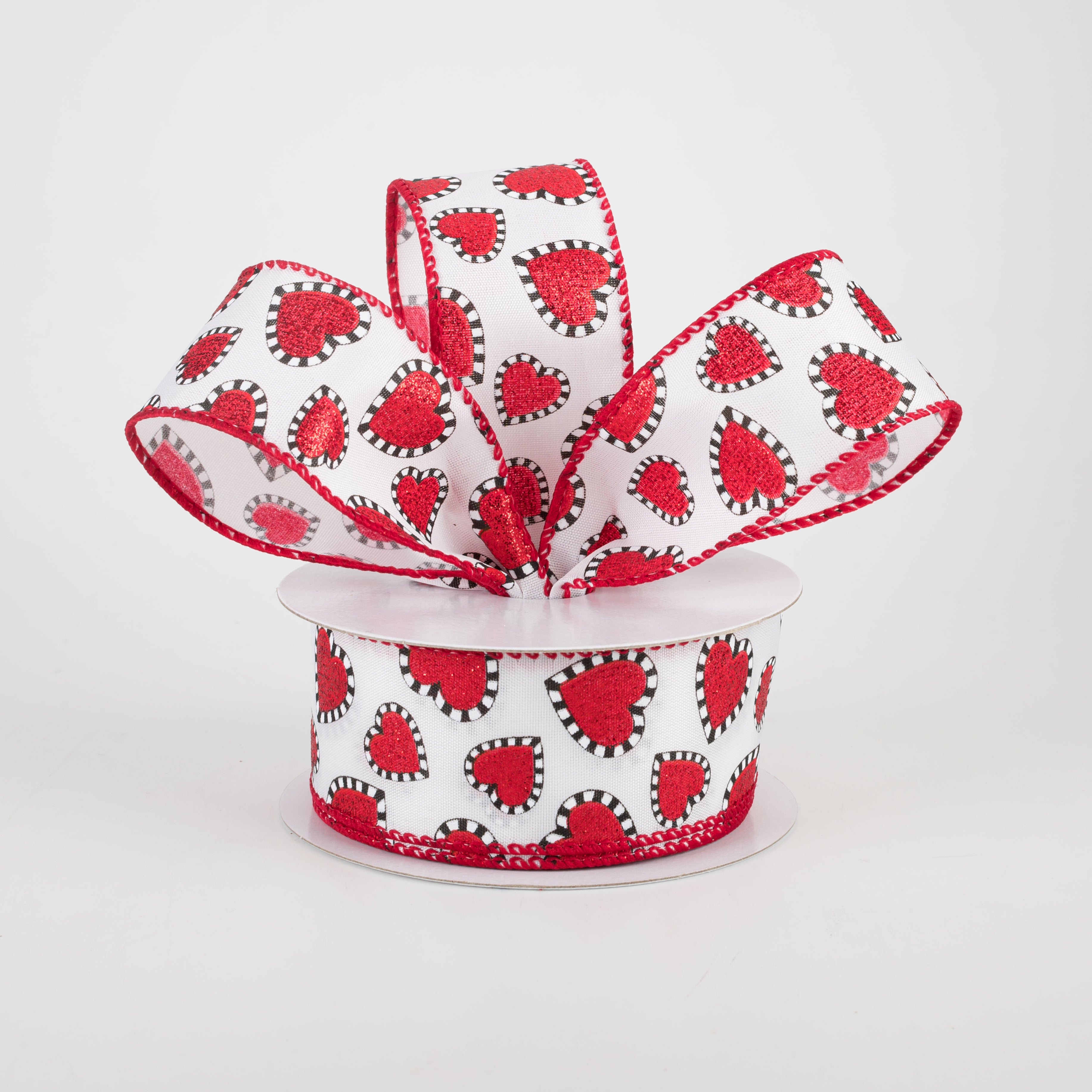1.5" Dashed Edge Glitter Heart Ribbon: White (10 Yards) Lifestyle Photo