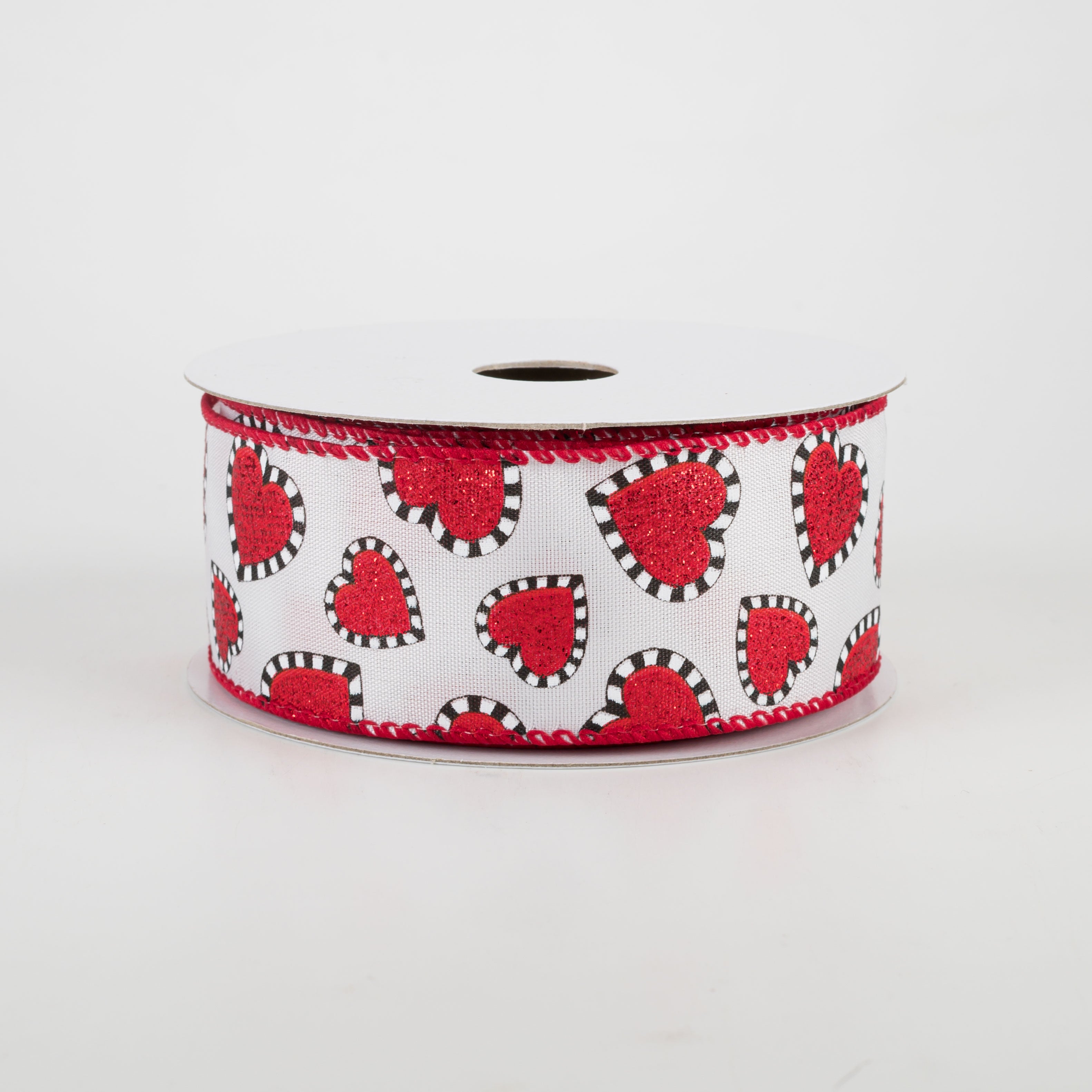 1.5" Dashed Edge Glitter Heart Ribbon: White (10 Yards)