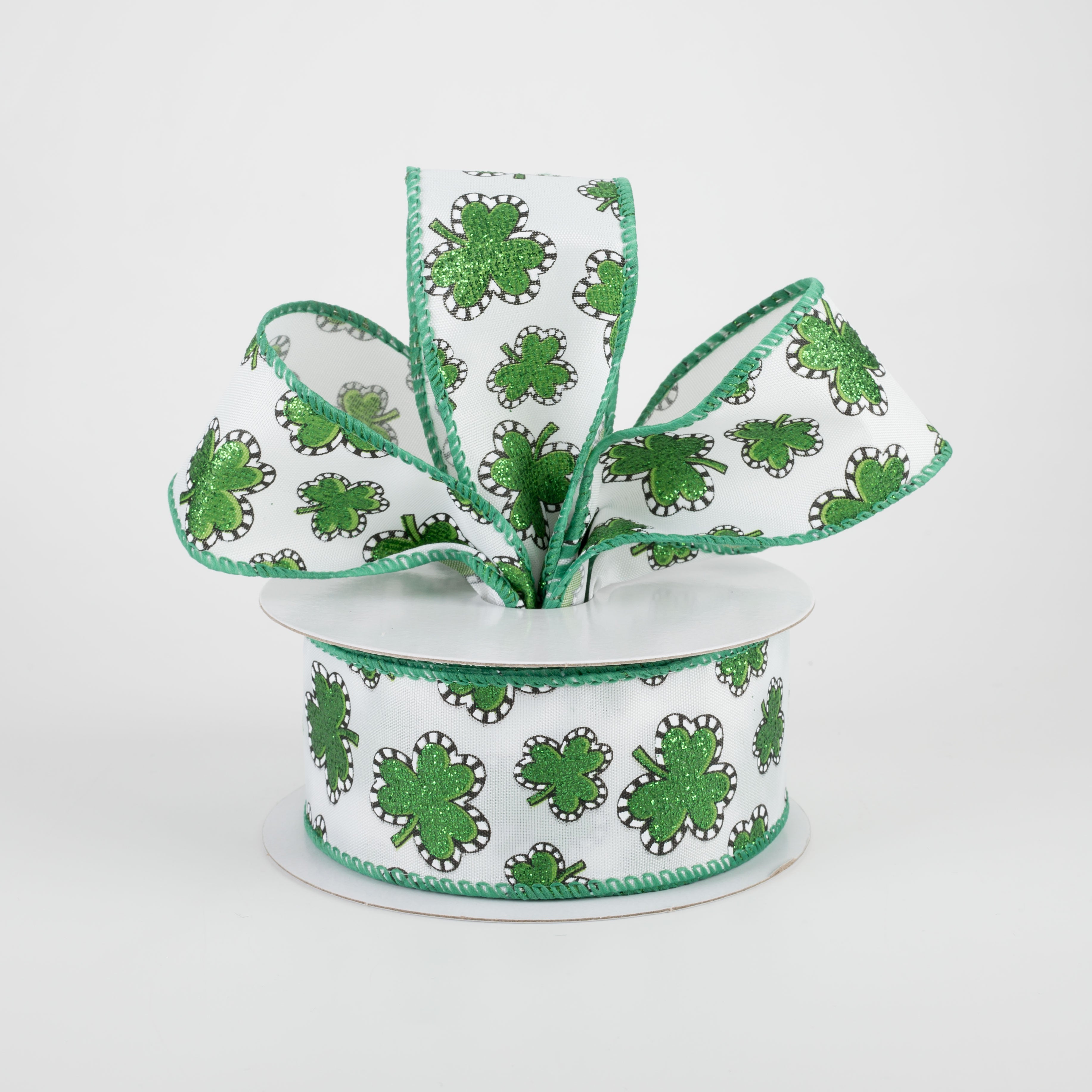 1.5" Dashed Edge Glitter Shamrock Ribbon: White (10 Yards) Lifestyle Photo