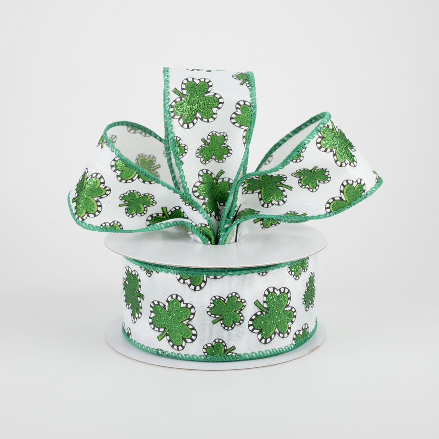 1.5" Dashed Edge Glitter Shamrock Ribbon: White (10 Yards) Lifestyle Photo