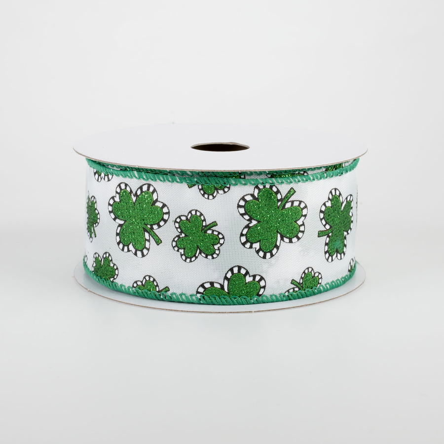 1.5" Dashed Edge Glitter Shamrock Ribbon: White (10 Yards) Item Number: 21103-09-01