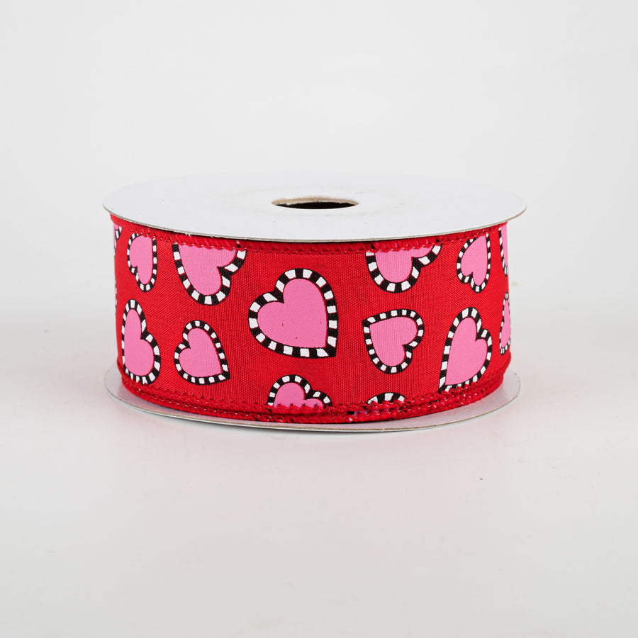 1.5" Dashed Edge Pink Heart Ribbon: Red (10 Yards) Item Number: 11112-09-03