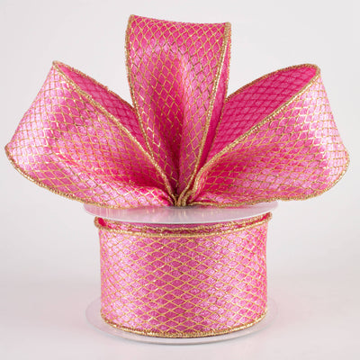 2.5" Gold Net Overlay Velvet Ribbon: Pink (10 Yards)