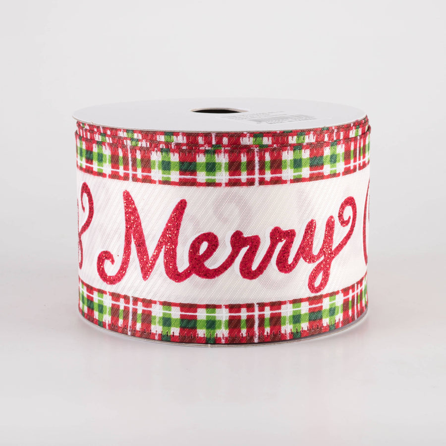 2.5" Textured Satin Merry Christmas Plaid Edge Ribbon (10 Yards)