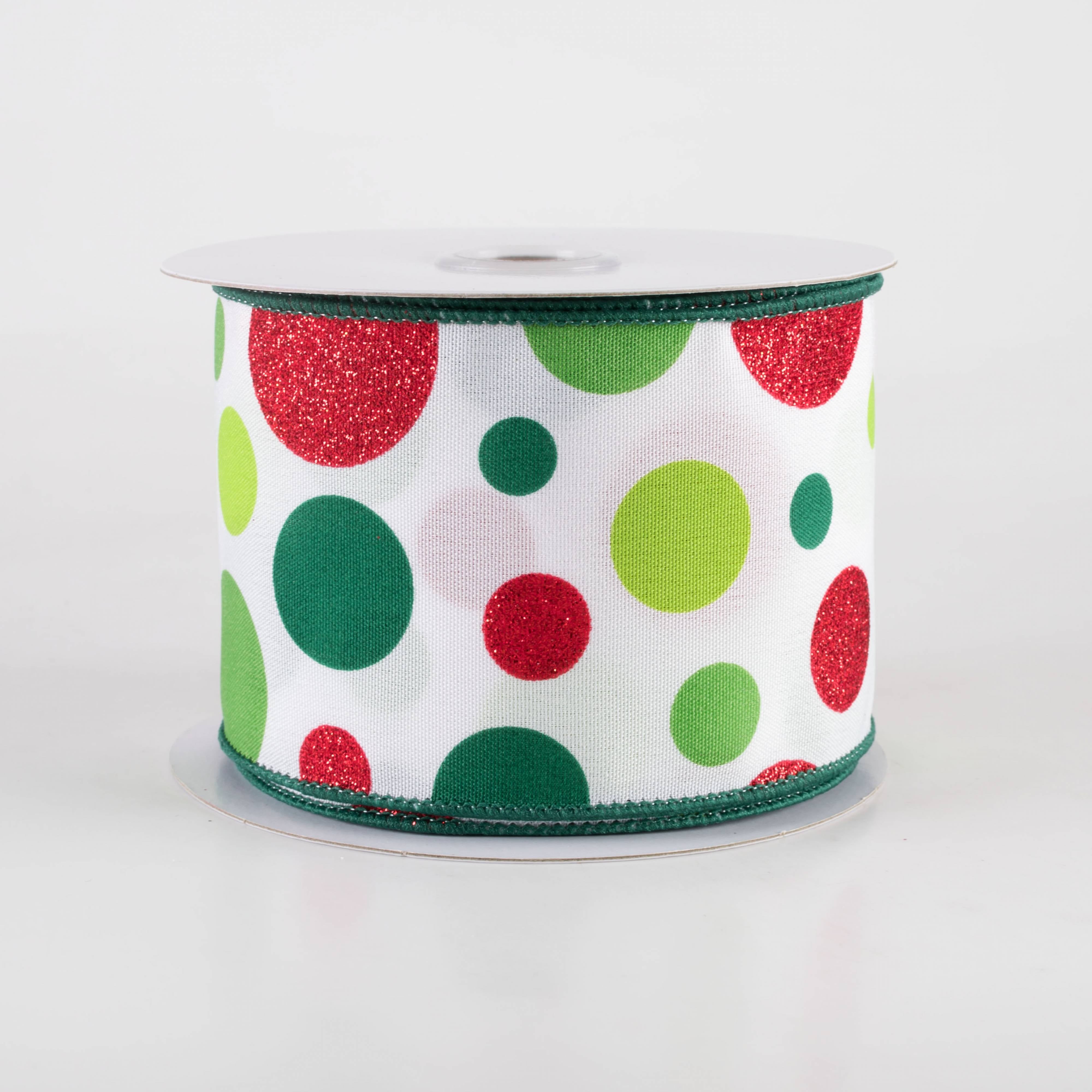2.5" Varied Polka Dots Ribbon: Red, Lime & Emerald on White (10 Yards)