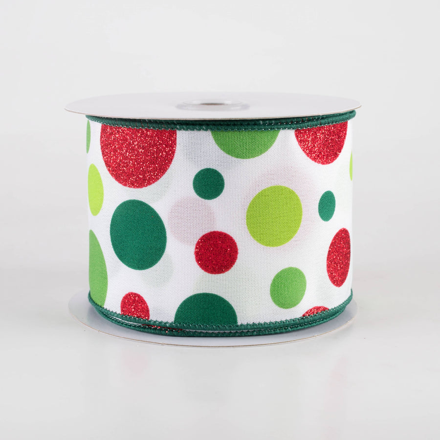 2.5" Varied Polka Dots Ribbon: Red, Lime & Emerald on White (10 Yards)