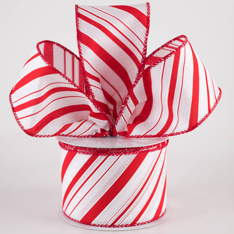 2.5" Iridescent Diagonal Stripe Candy Cane Ribbon: Red & White (10 Yards)