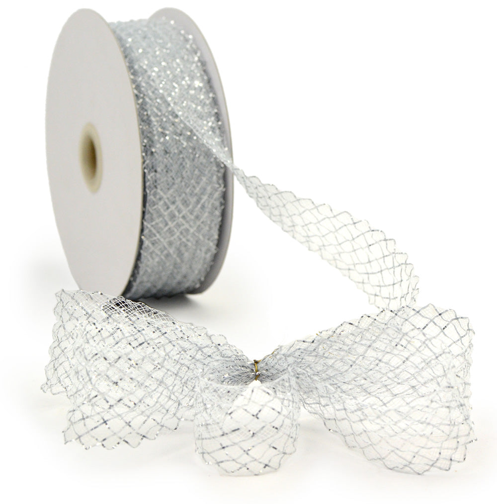 1.5" Deco Flex Mesh Ribbon: Metallic White (30 Yards) detail photo 3