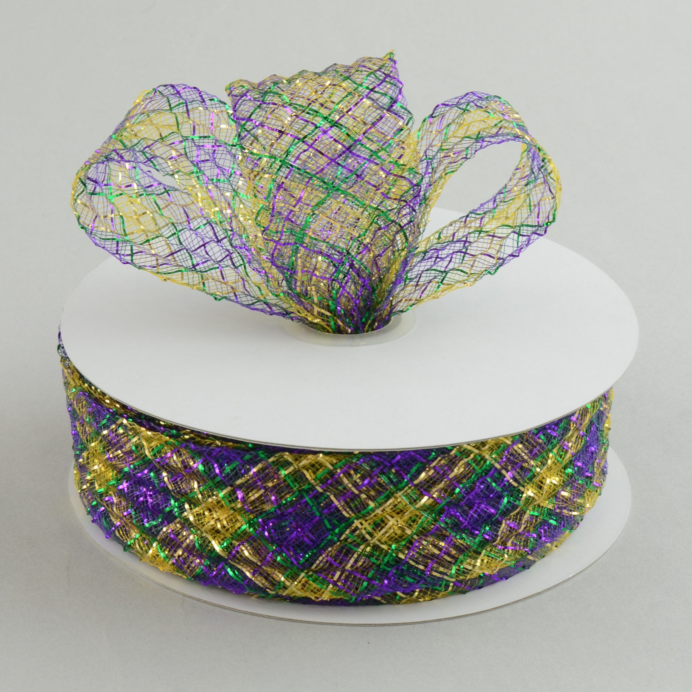 1.5" Deco Flex Mesh Ribbon: Purple/Green/Gold Plaid (30 Yards) Lifestyle Photo