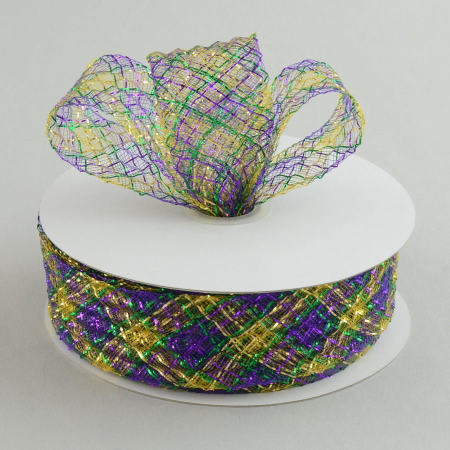 1.5" Deco Flex Mesh Ribbon: Purple/Green/Gold Plaid (30 Yards) Lifestyle Photo