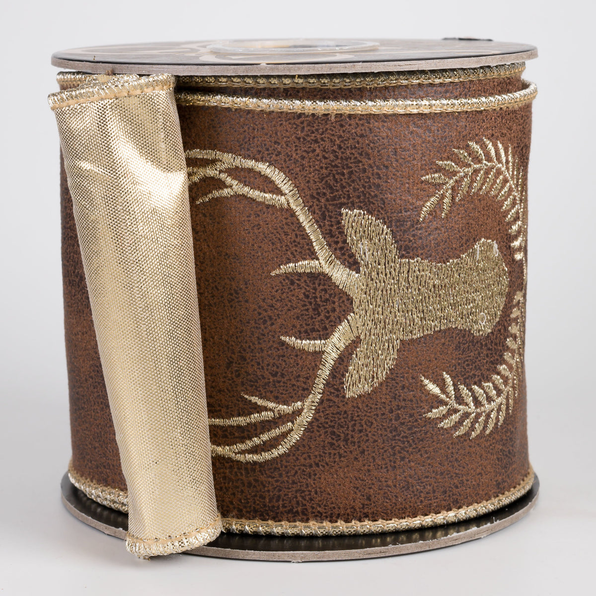 4" Deer Embroidered Faux Leather & Metallic Dupioni Fused Ribbon: Brown & Gold (5 Yards) Item Number: RR0066