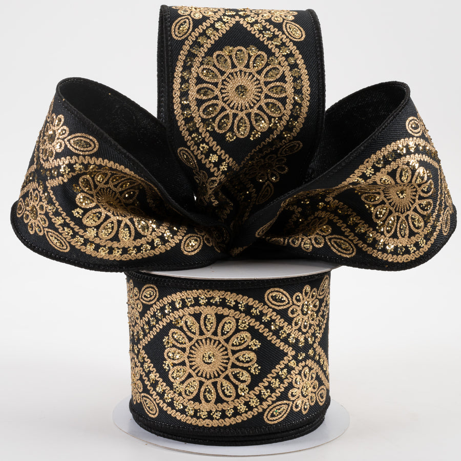 2.5" Deluxe Wavy Floral Ribbon: Black & Gold (10 Yards) Lifestyle Photo