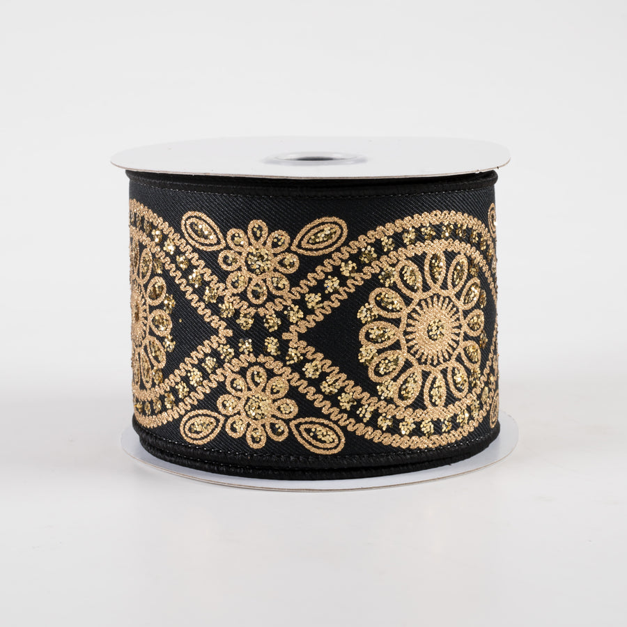 2.5" Deluxe Wavy Floral Ribbon: Black & Gold (10 Yards)