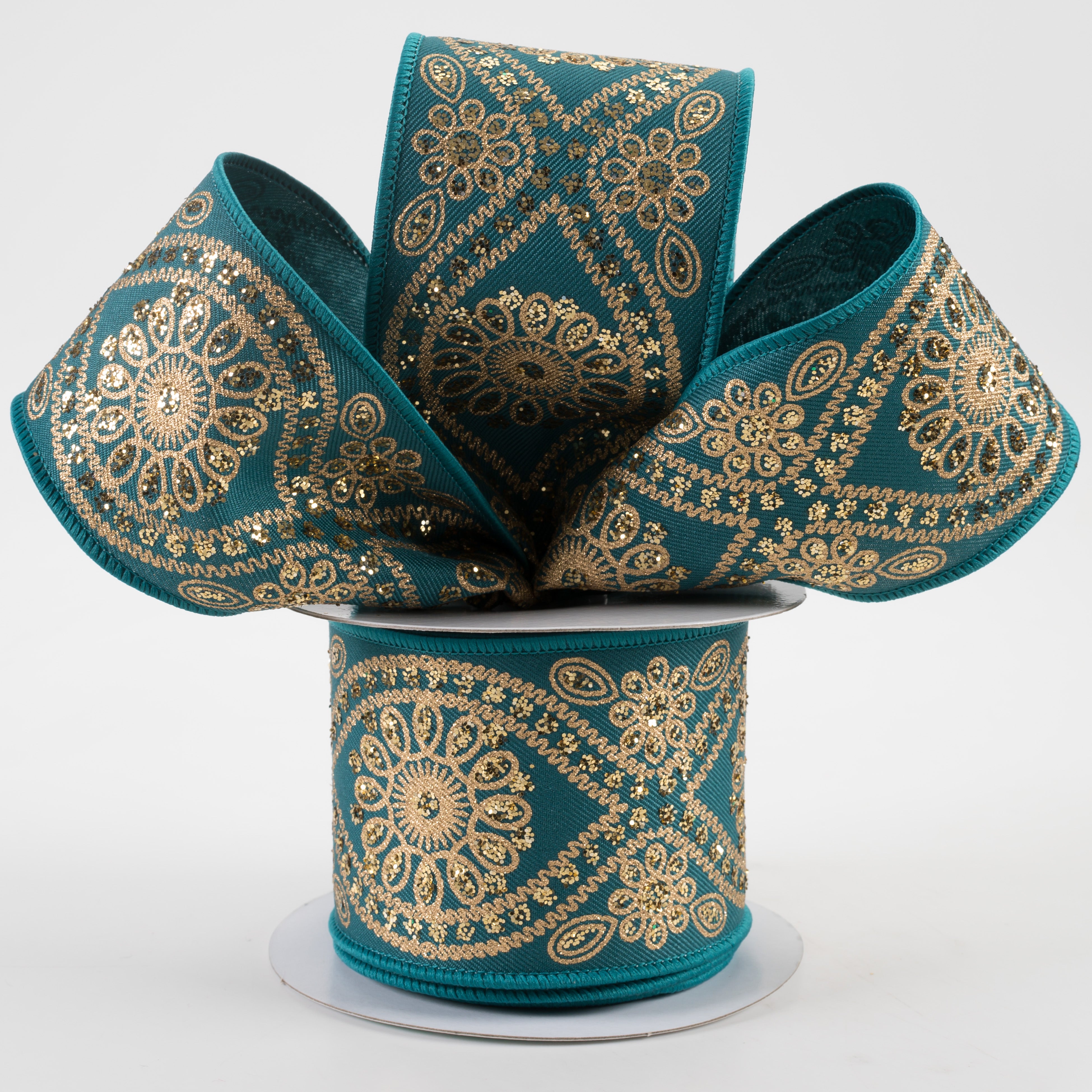 2.5" Deluxe Wavy Floral Ribbon: Dark Teal & Gold (10 Yards) Lifestyle Photo