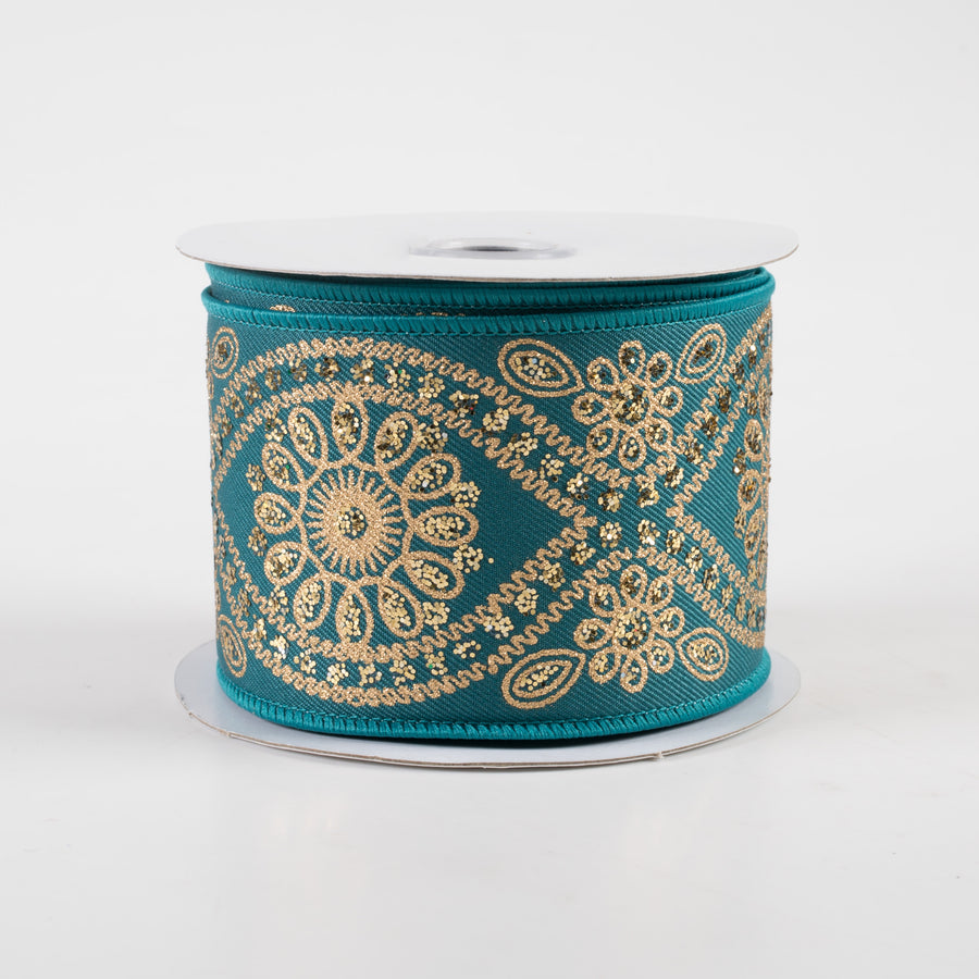 2.5" Deluxe Wavy Floral Ribbon: Dark Teal & Gold (10 Yards)