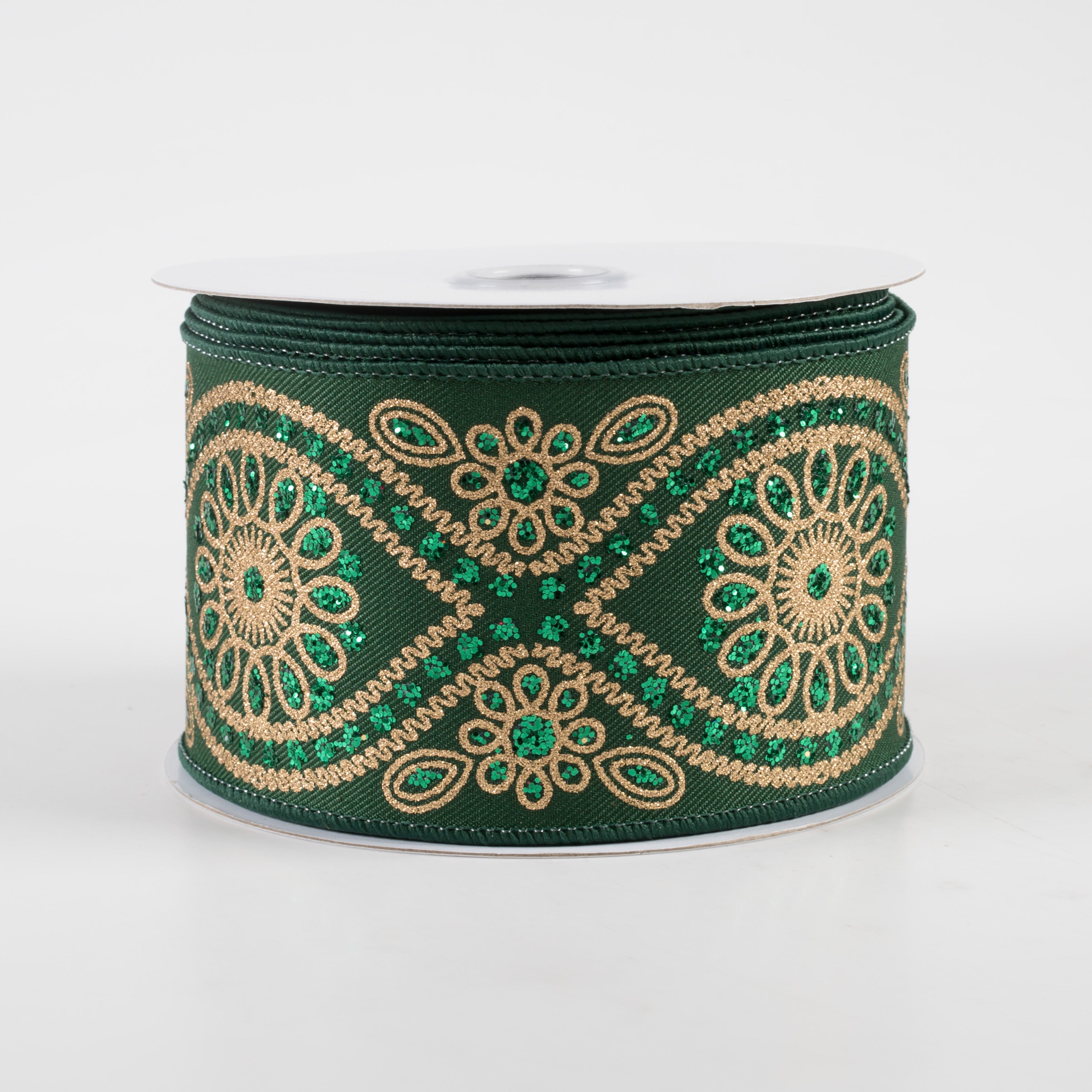 2.5" Deluxe Wavy Floral Ribbon: Hunter, Gold, Emerald Green (10 Yards)