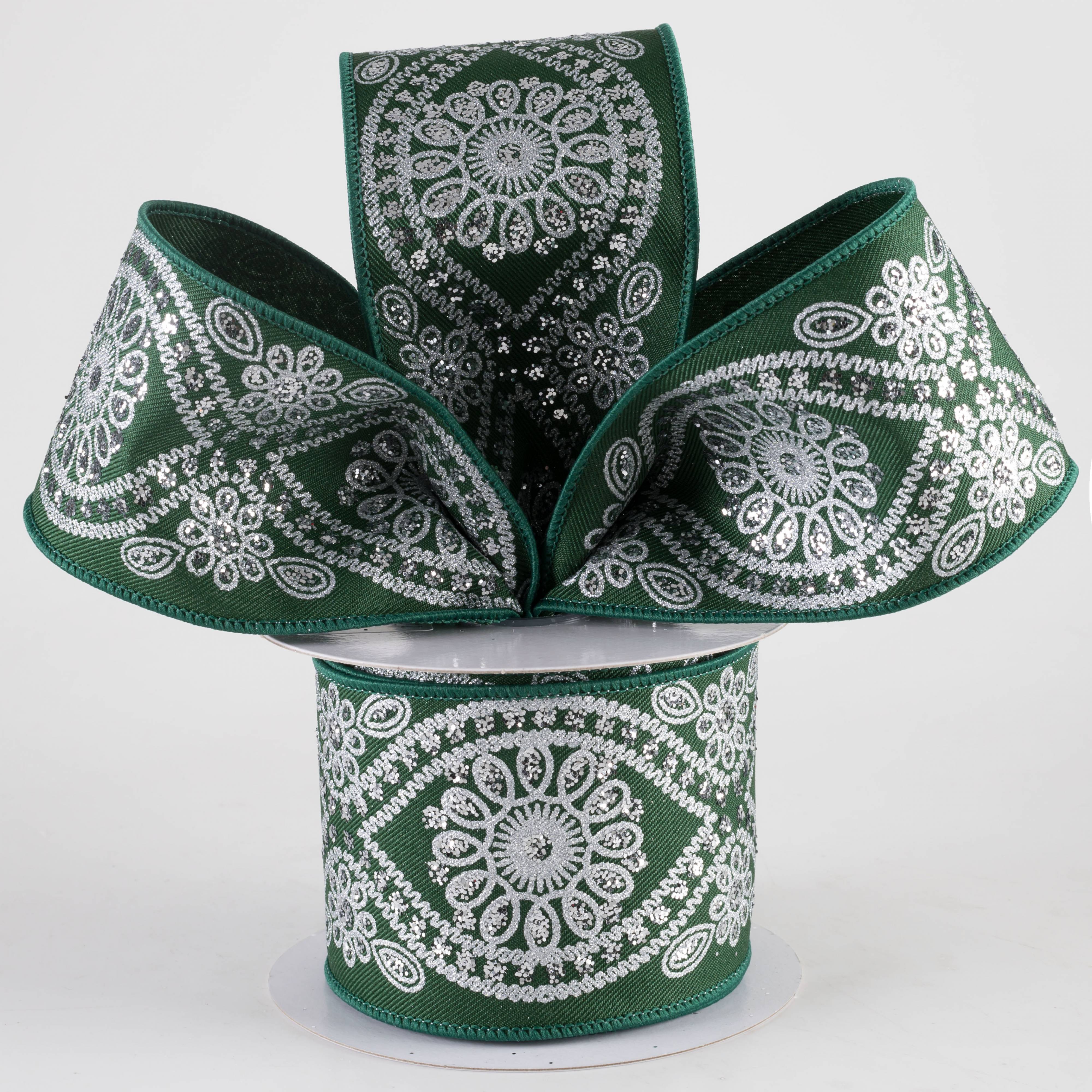 2.5" Deluxe Wavy Floral Ribbon: Hunter Green & Silver (10 Yards) Lifestyle Photo