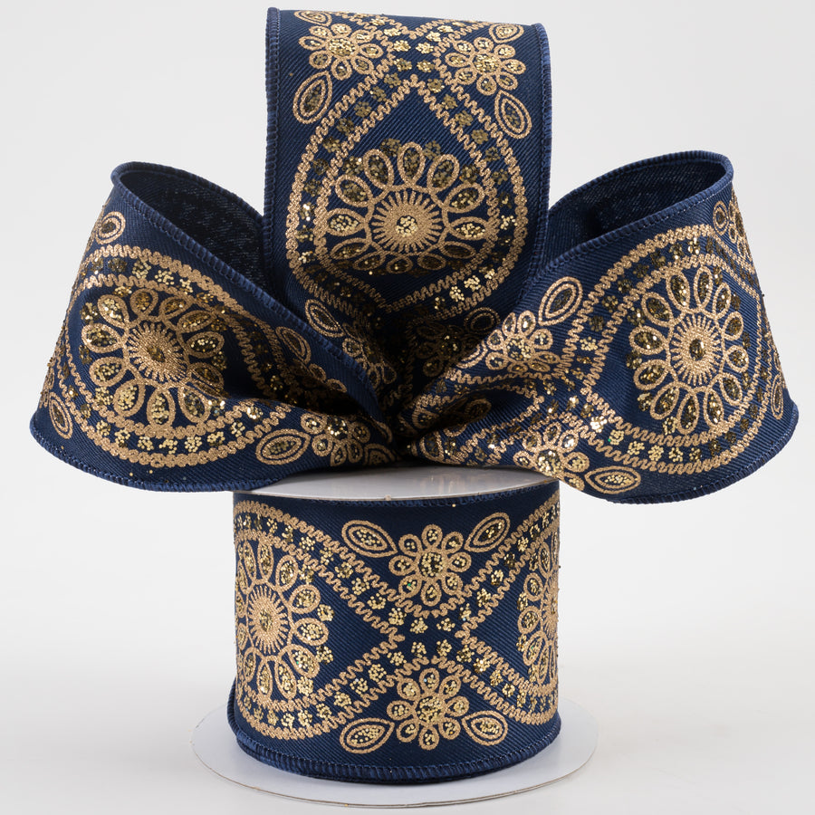 2.5" Deluxe Wavy Floral Ribbon: Navy Blue & Gold (10 Yards) Lifestyle Photo